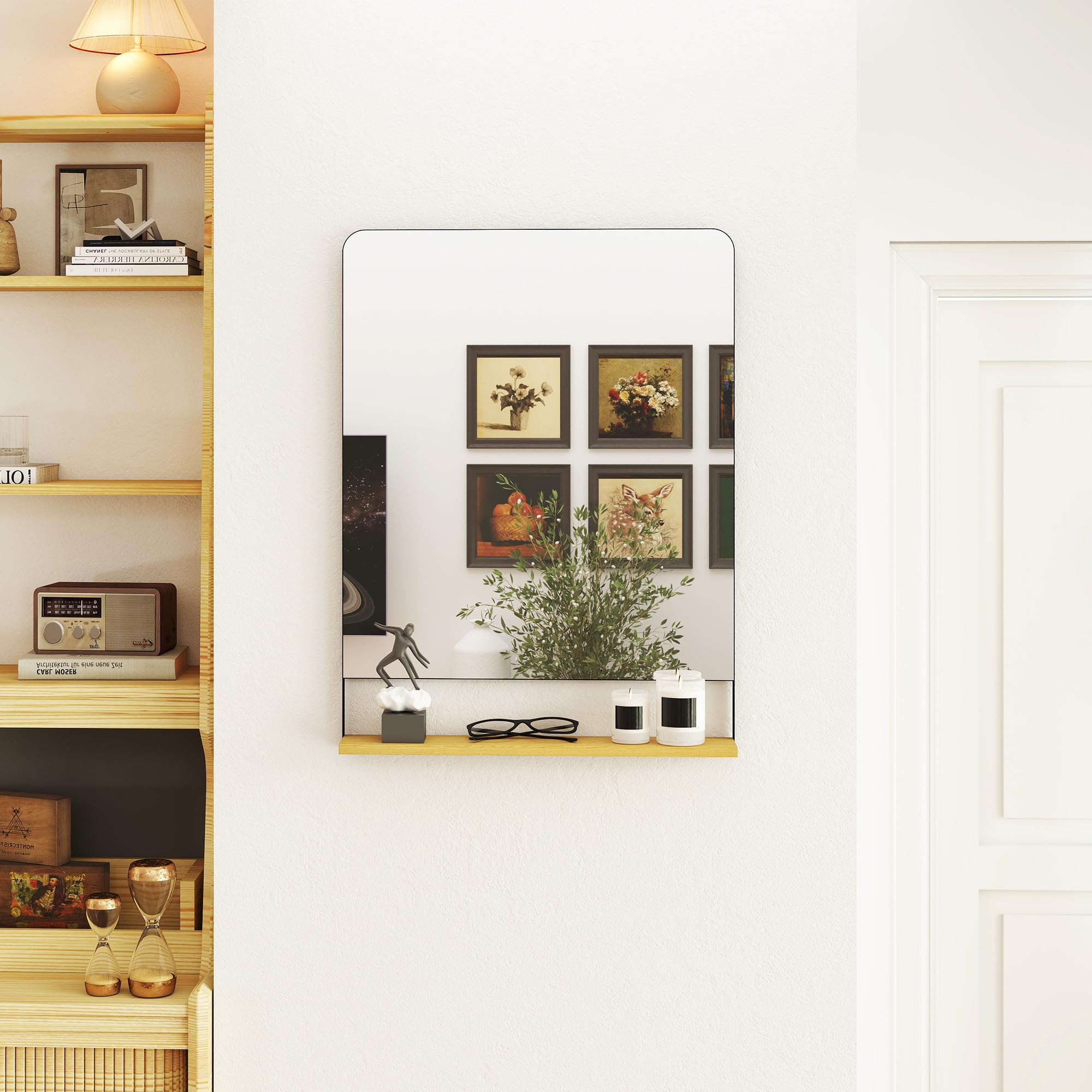 HOMCOM Espejo pared con estante madera 80x60 cm Marco metálico negro | Espejo rectangular, para entrada, salón, baño