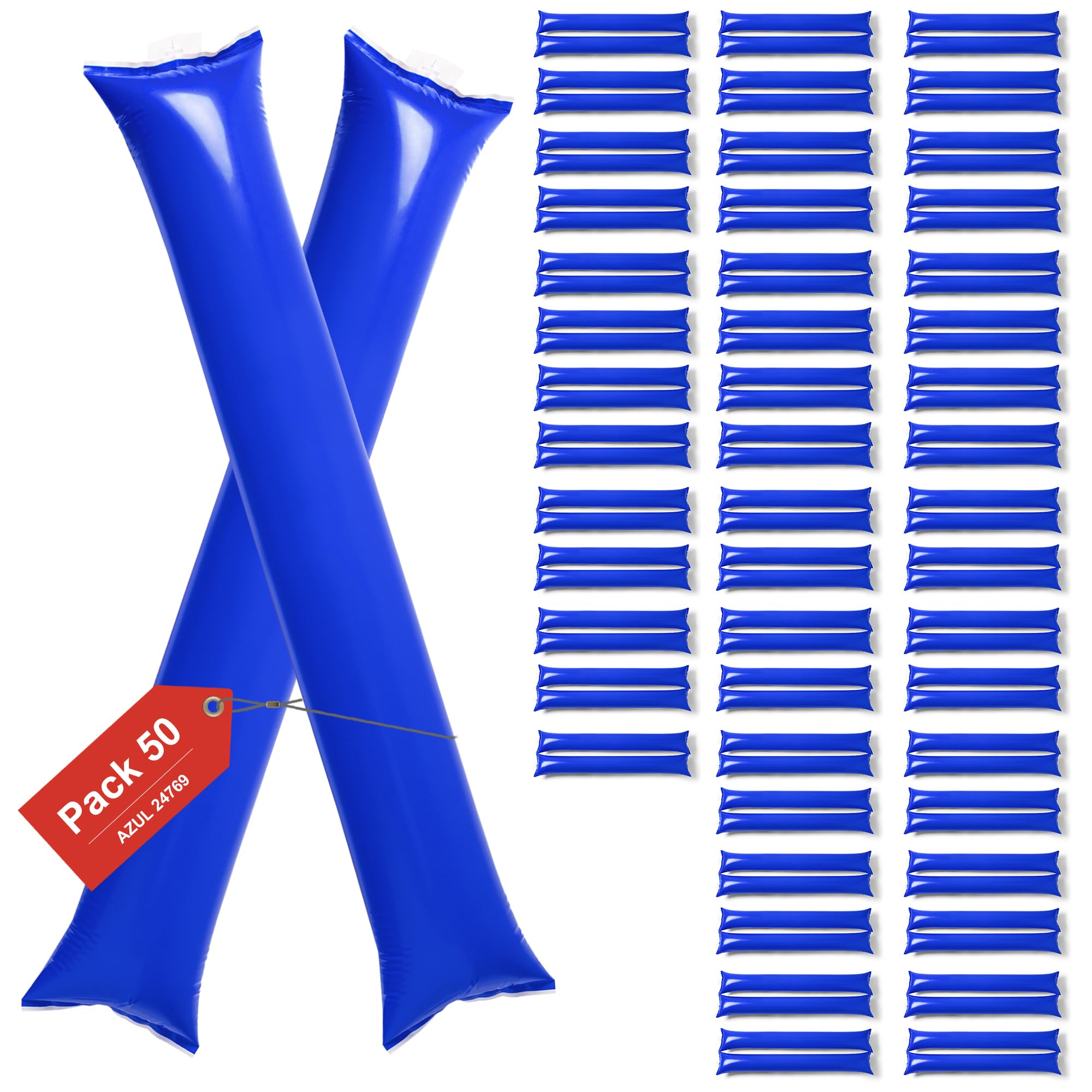 Pack 50 Unidades, Aplaudidor Hinchable Azul, Palos Animación Eventos, Plástico Resistente, Reutilizable, Válvula y Pajita Incluida, Ideal para Deportes, Conciertos y Fiestas, Tamaño 59x9CM