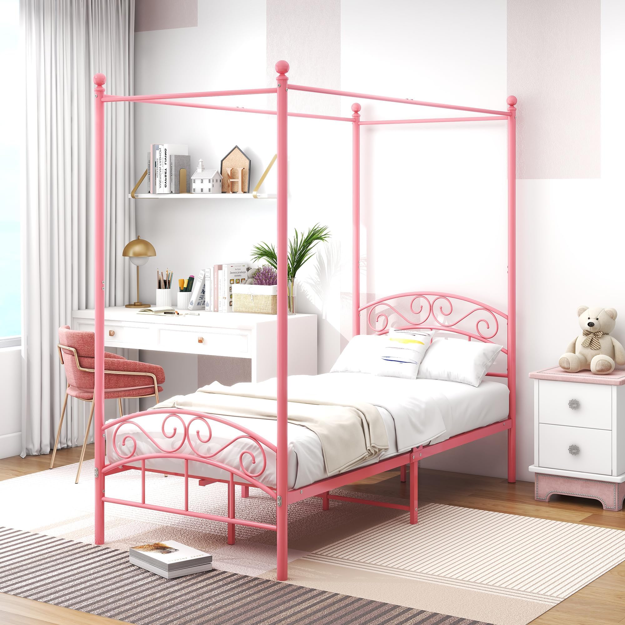 Canopy Bed Frame Double Bed Metal Bed Frame Slatted Frame Bedroom Furniture Double Bed Pink 90 x 200 cm
