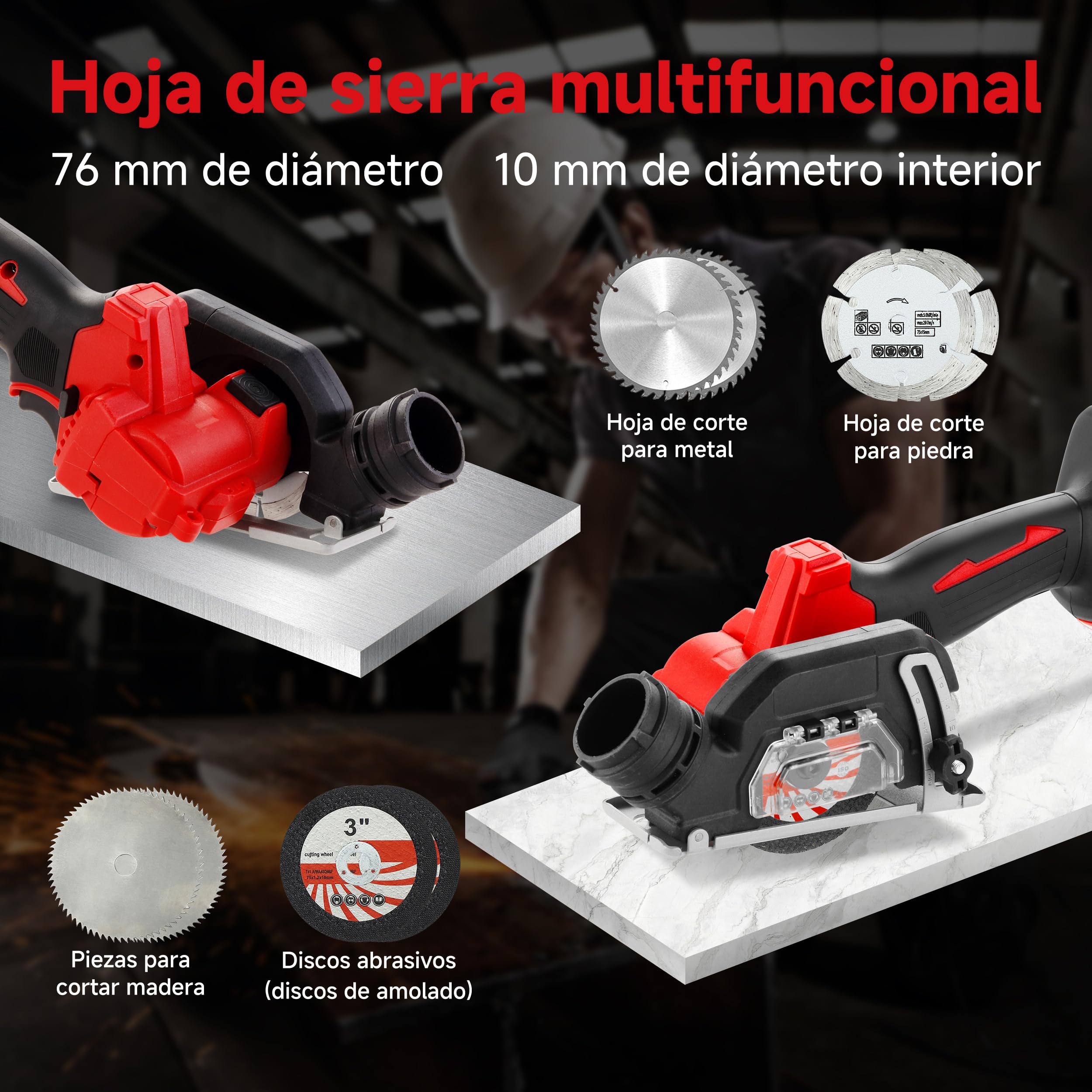 TEENO Sierra Circular con Guia, Sierra Circular de Mano 20000RPM | 2x 2,0Ah Baterías, Compatible con baterías Makita, 8 Hoja de Sierra 76mm, Ángulo ajustable 0-45°, Ideal para Cortar Madera