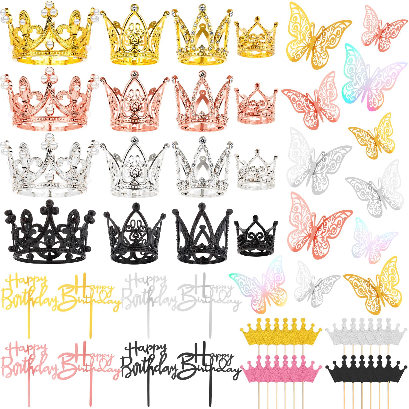 76 Pcs Crown Cake Topper 20 Pcs Crowns for Flower Bouquets with 24 Pcs Butterflies for Bouquets and 32 Pcs Birthday Cake Topper for Women Girl Crown