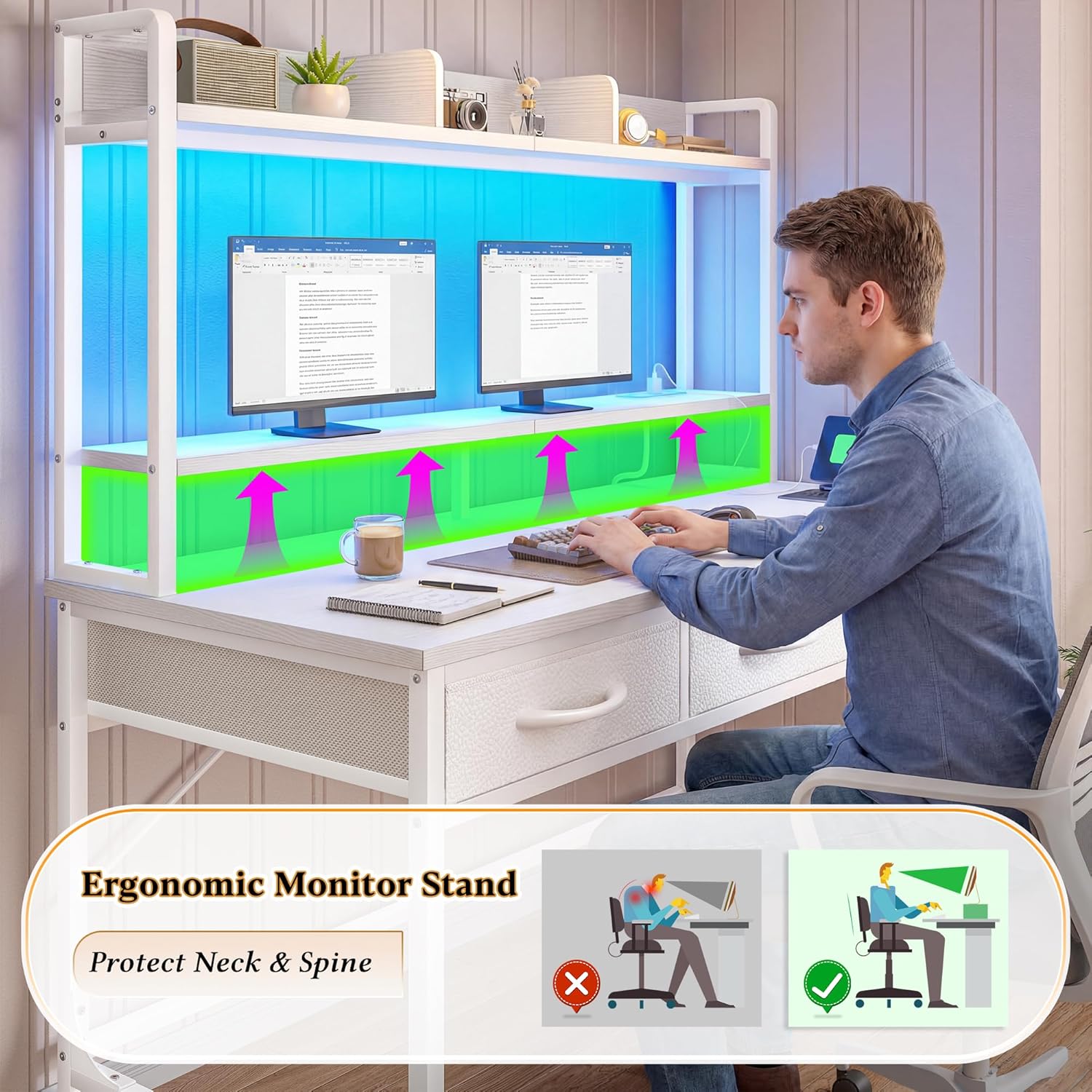 Durayloly 47.2"Computer Desk with Storage Rack&Monitor Stand, Gaming desk with LED&Power Outlet, Computer Desk with Hutch &2Drawers,Modern Study Writing Desk for Bedroom Home Office,Small Space,White