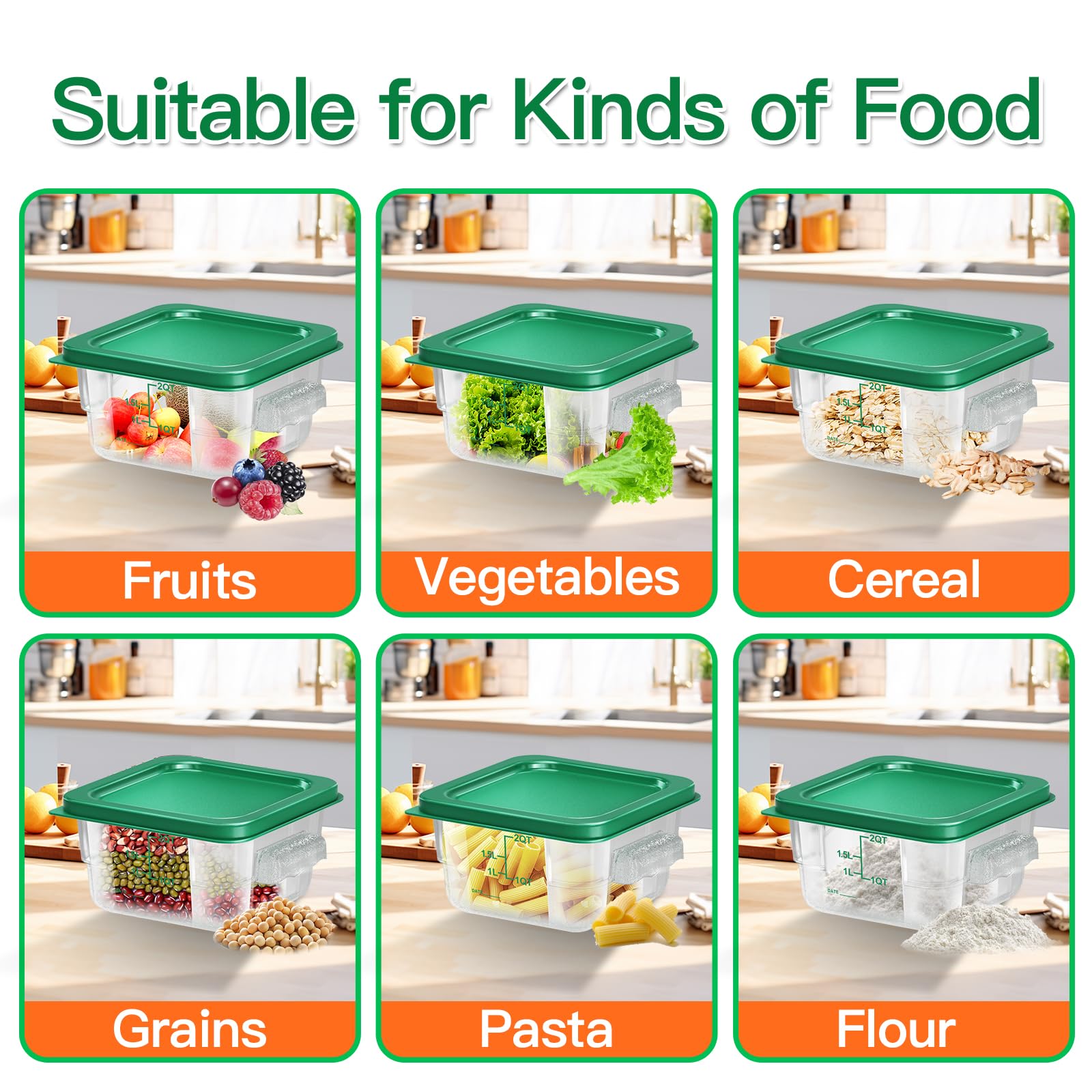 6 recipientes de almacenamiento de alimentos de 2 cuartos con tapa, recipientes cuadrados transparentes de almacenamiento comercial con asa y báscula para almacenamiento de alimentos en el
