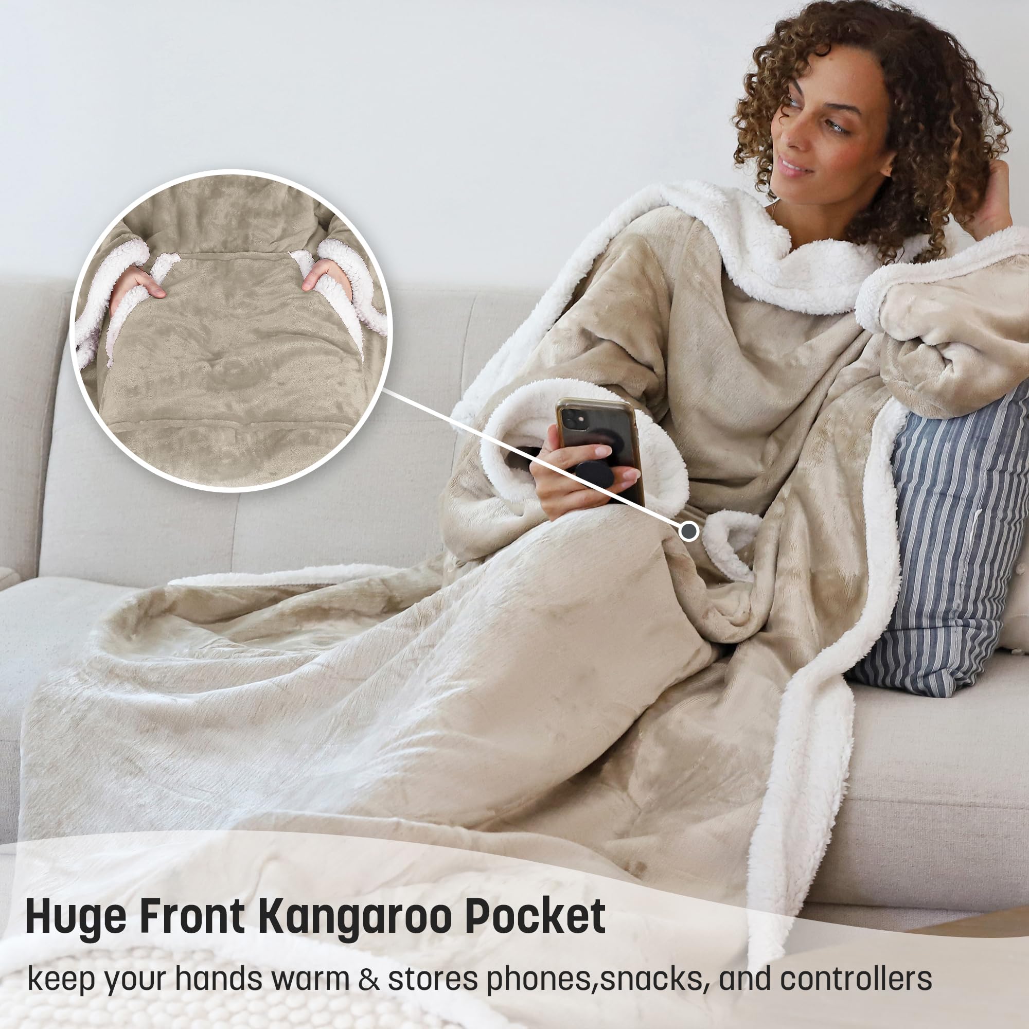 Catalonia Classy Couverture Portable Sherpa avec Manches, Super Douce et Confortable, Grande Polaire à Manches en Peluche TV, Couverture enveloppante pour Femmes et Hommes Adultes 185cm x 140cm