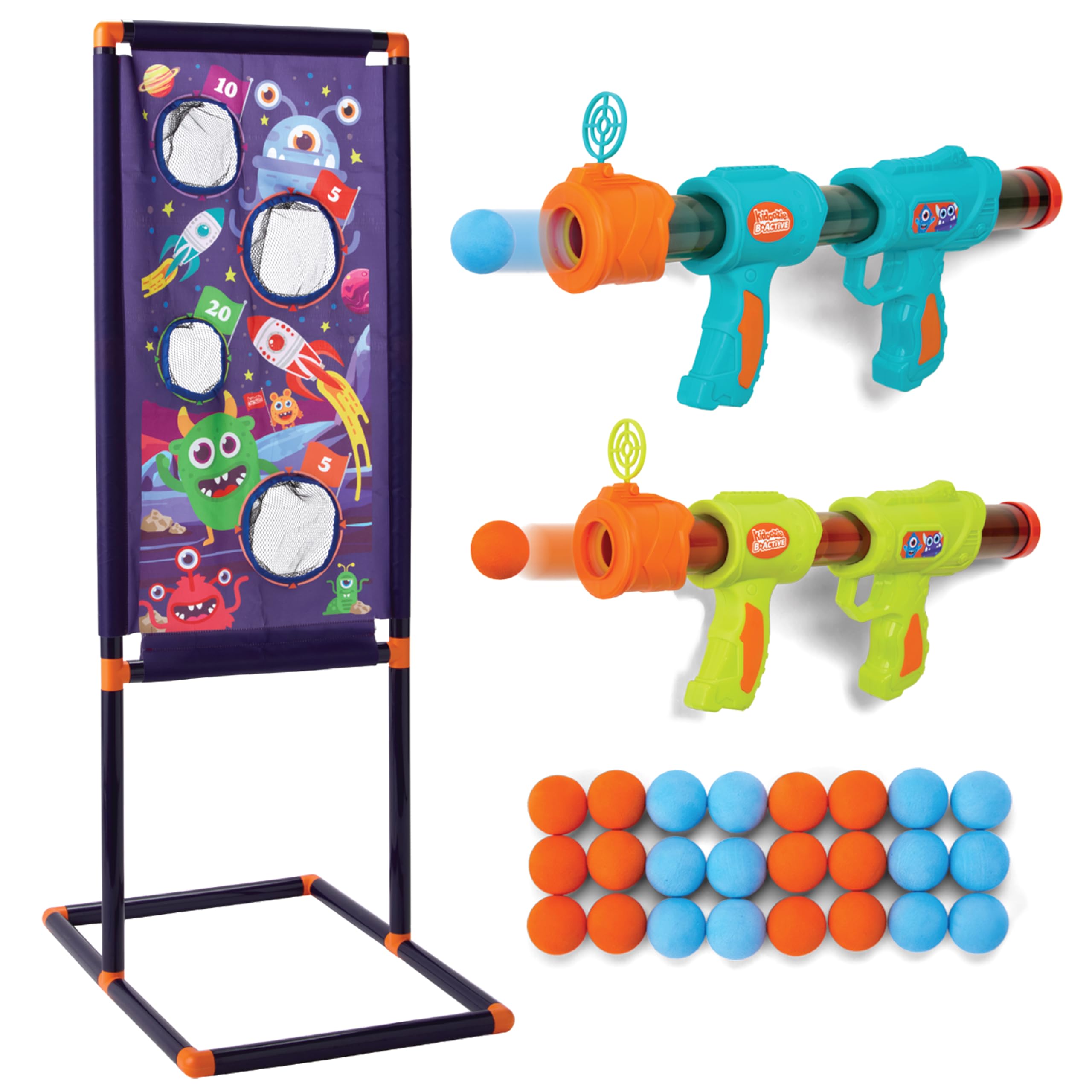 Kidoozie B*Active Double Blaster Alien Challenge - Tema alienígena - Incluye Objetivo de pie, 2 lanzadores de Bolas de Espuma y 20 Bolas de Espuma - A Partir de 6 años