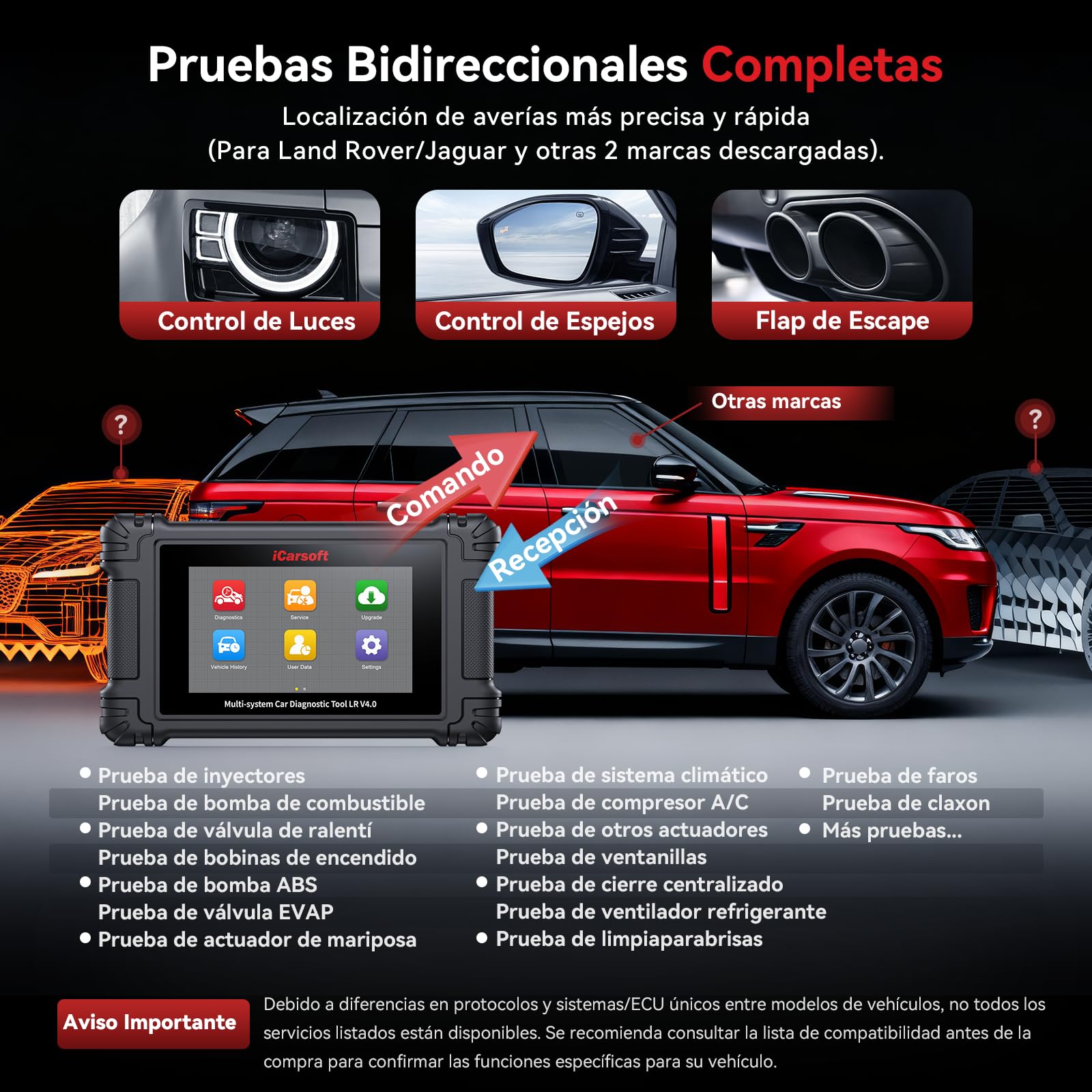 iCarsoft LR V4.0 Máquina Diagnosis Coche para Land Rover/Jaguar+ 2 Marcas Opcionales, Escáner OBD2 Bidireccional de Todo el Sistema, 37+ Funciones Reinicio, Vin Automático, Actualización WiFi por Vida