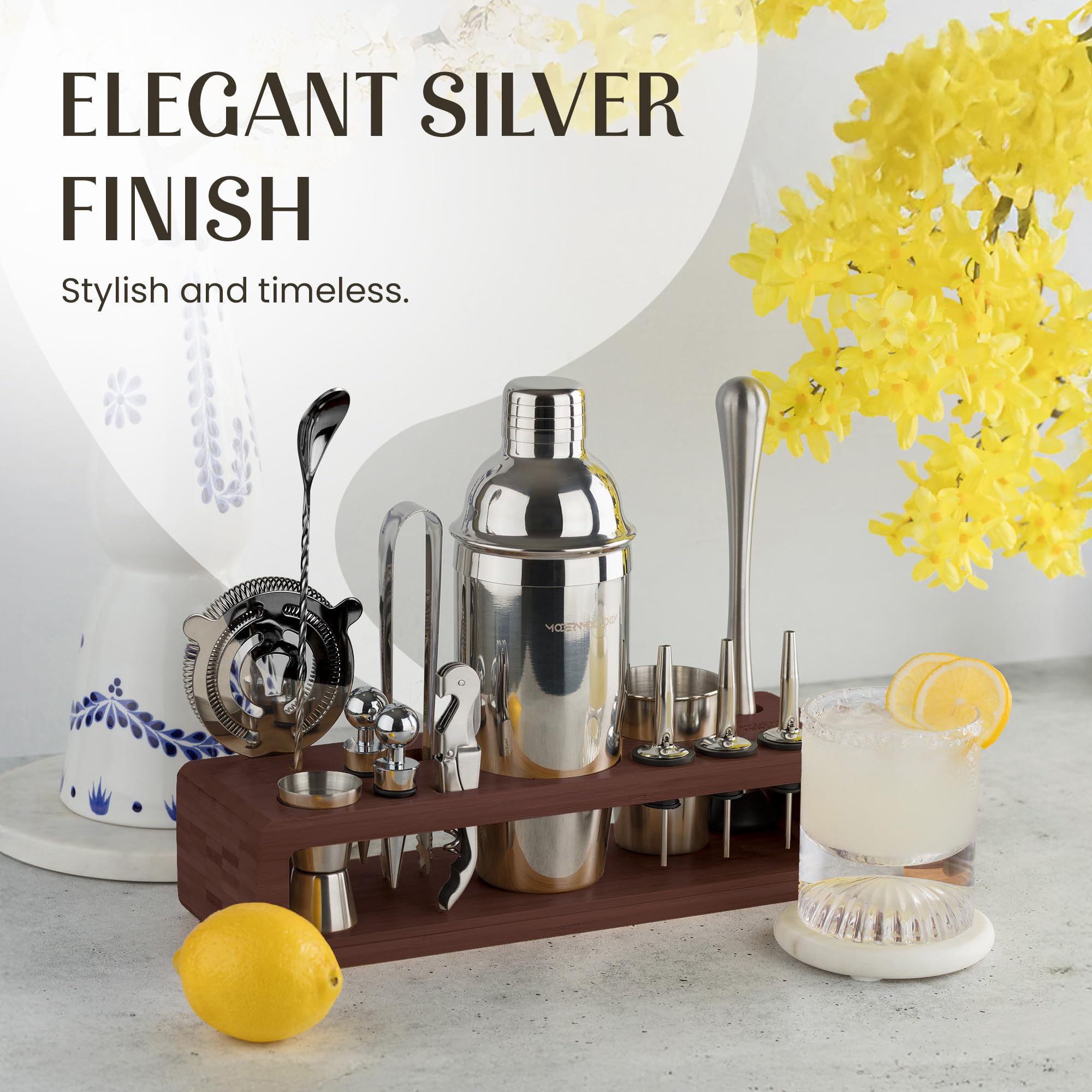 Modern Mixology Juego de coctelera – Juego de 24 piezas de acero inoxidable para barman y soporte para bar en casa, perfecto para mezclar bebidas en casa, además de libro de recetas de cócteles