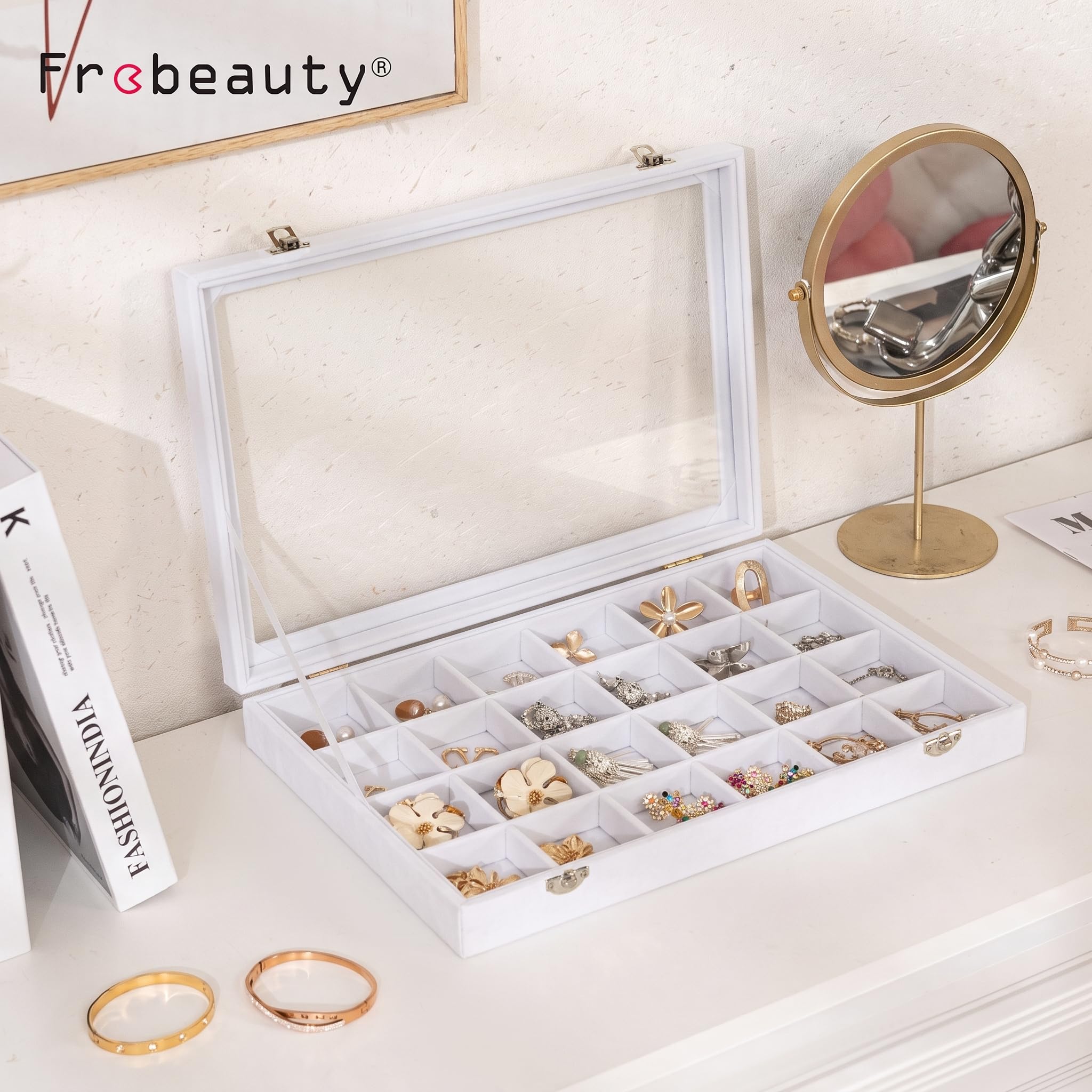Frebeauty Plateau de rangement à bijoux avec couvercle transparent - 24 compartiments - Boîte de rangement en velours avec couvercle en verre transparent - Présentoir à bijoux avec serrure - Cadeau