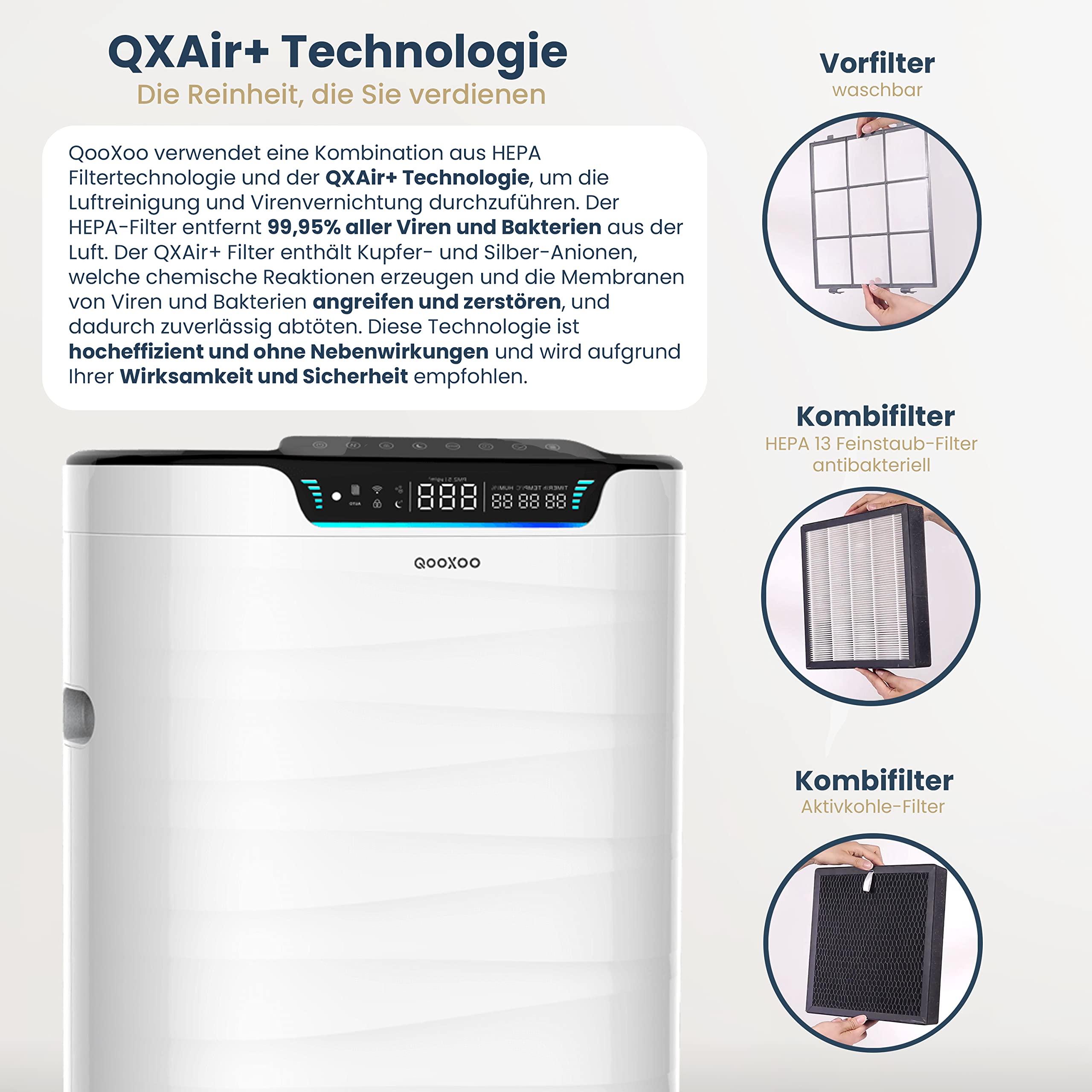 Purificatore d'aria QXPure9 – CADR 600 m³/h – fino a 100 m² – Filtro HEPA13 per polline, polveri sottili, fumo, sostanze nocive e tecnologia QXAir+ – WIFI/App/Alexa, super silenzioso