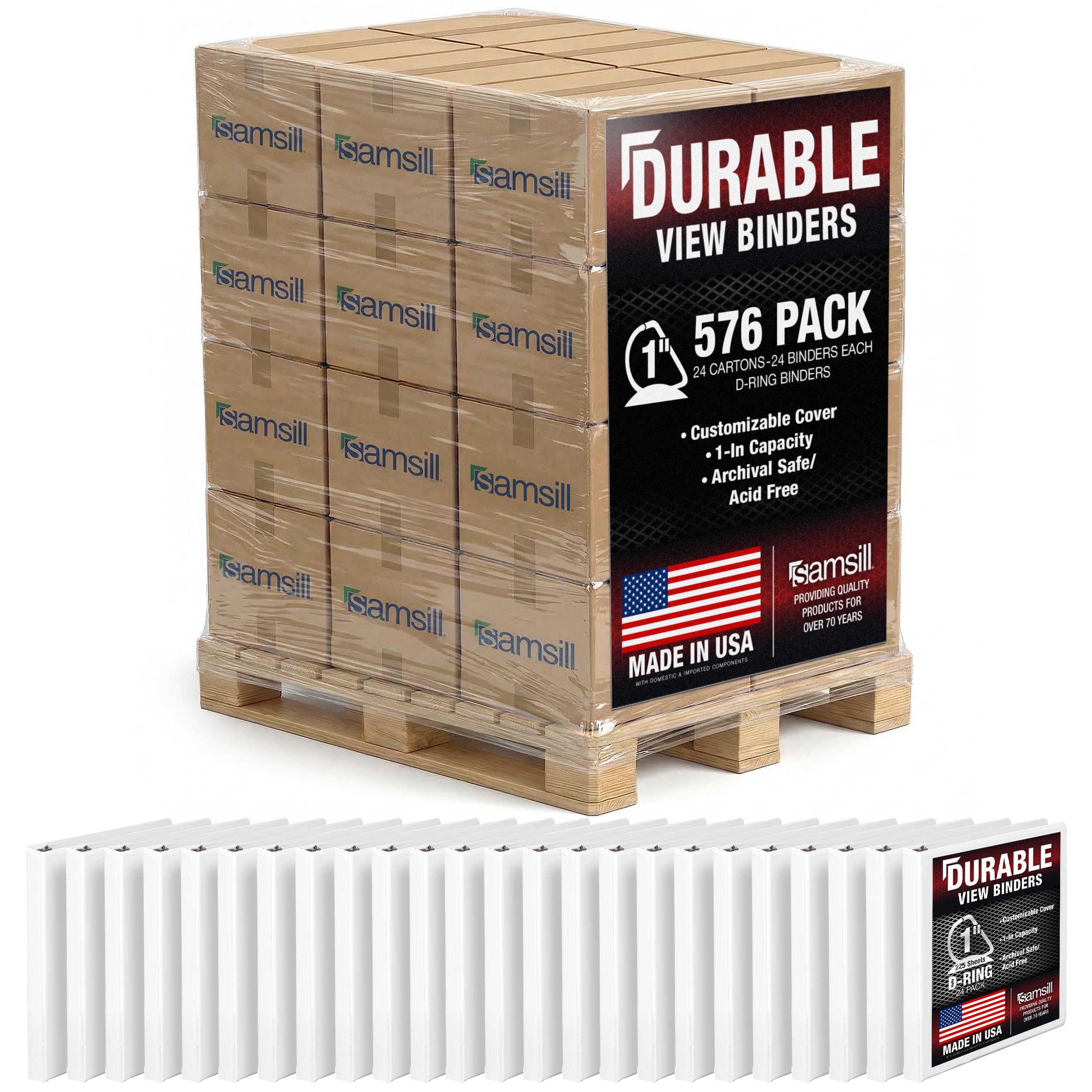 Samsill Durable 1 inch 3 Ring Binder, D Ring Binder, 100% Recycled Chipboard, White, Pallet of 576 Binders in 24 Cartons