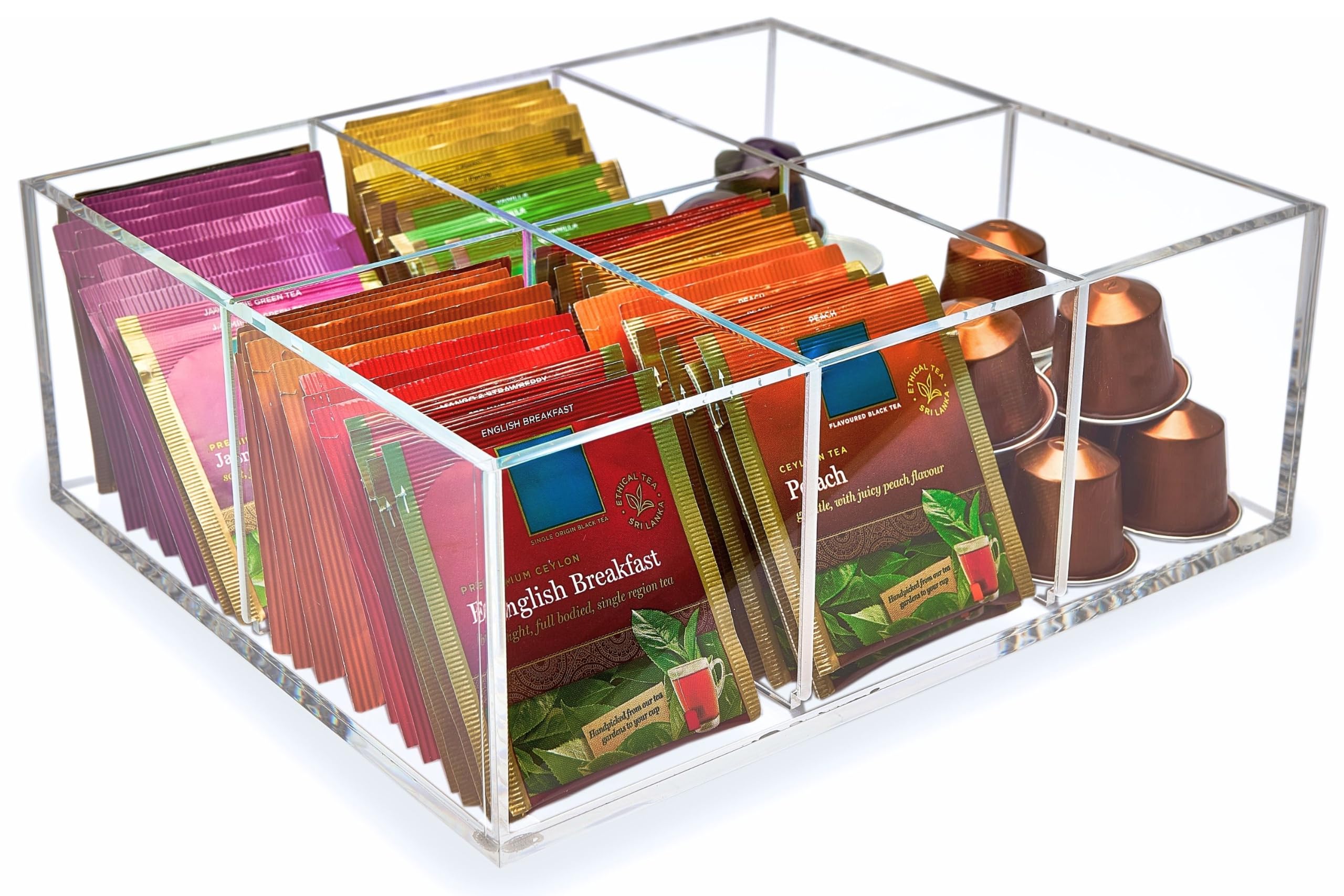 Strapazierfähiger Acryl Teebeutel-Organizer, 6-Fächer Aufbewahrungsbox | Perfekter Organizer: 6 Fächer halten Teebeutel und Kaffeepads ordentlich sortiert und sparen Platz auf der Arbeitsplatte.