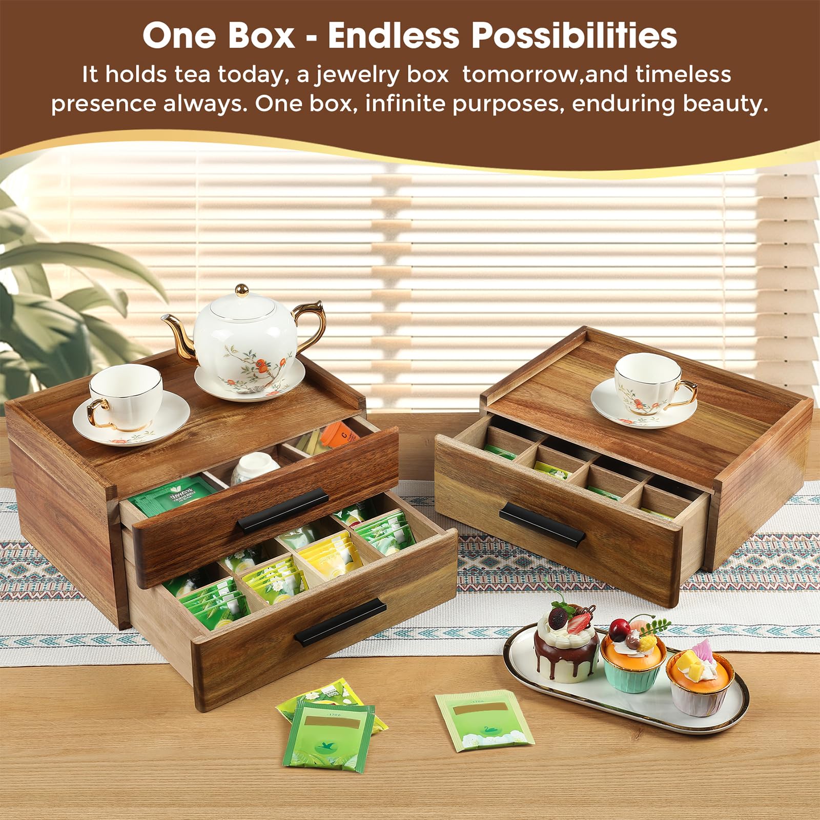 Teebeutel-Organizer aus Akazienholz mit Geschenkbox, Teebox mit doppelter Schublade, Teezubehör für Tee-Organizer und Aufbewahrungsbox, Teestation Truhe Caddy für Arbeitsplatte, Schrank, Büro (16