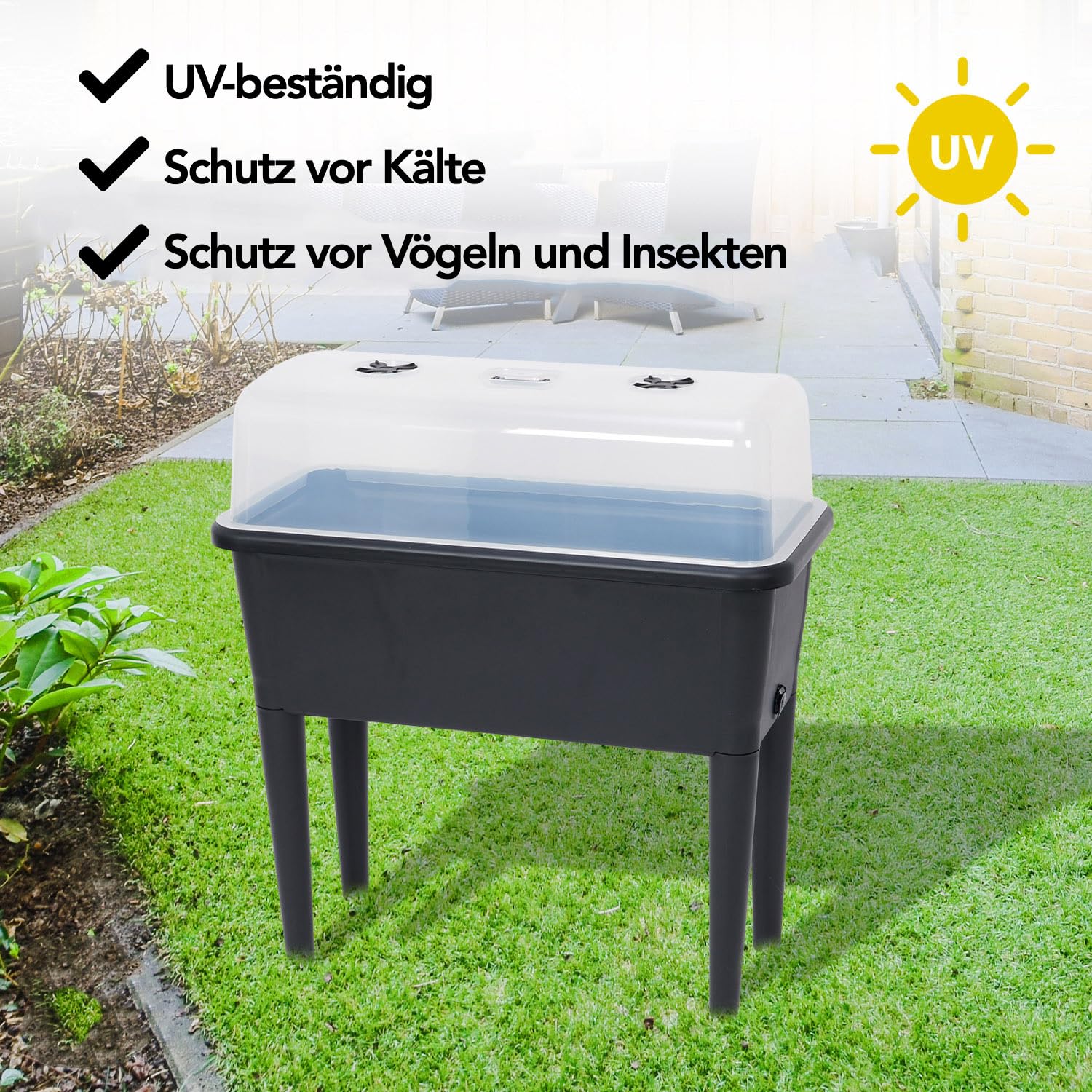Brixy Wetterfester Anzuchttisch mit Deckel, höhenverstellbar, 76 x 37 x 85 cm, 70L Volumen, Schwarz