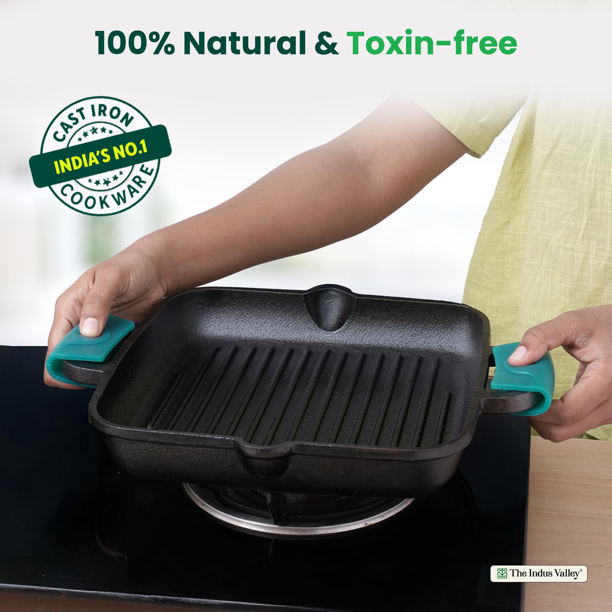 The Indus Valley Pre-Seasoned Cast Iron Square Griddle Pan with Double Handle|Medium, 27.2 Cm/10.7 Inch, 4.1Kg|Gas Compatible|100% Pure & Toxin-Free, No Chemical Coating, Black 2