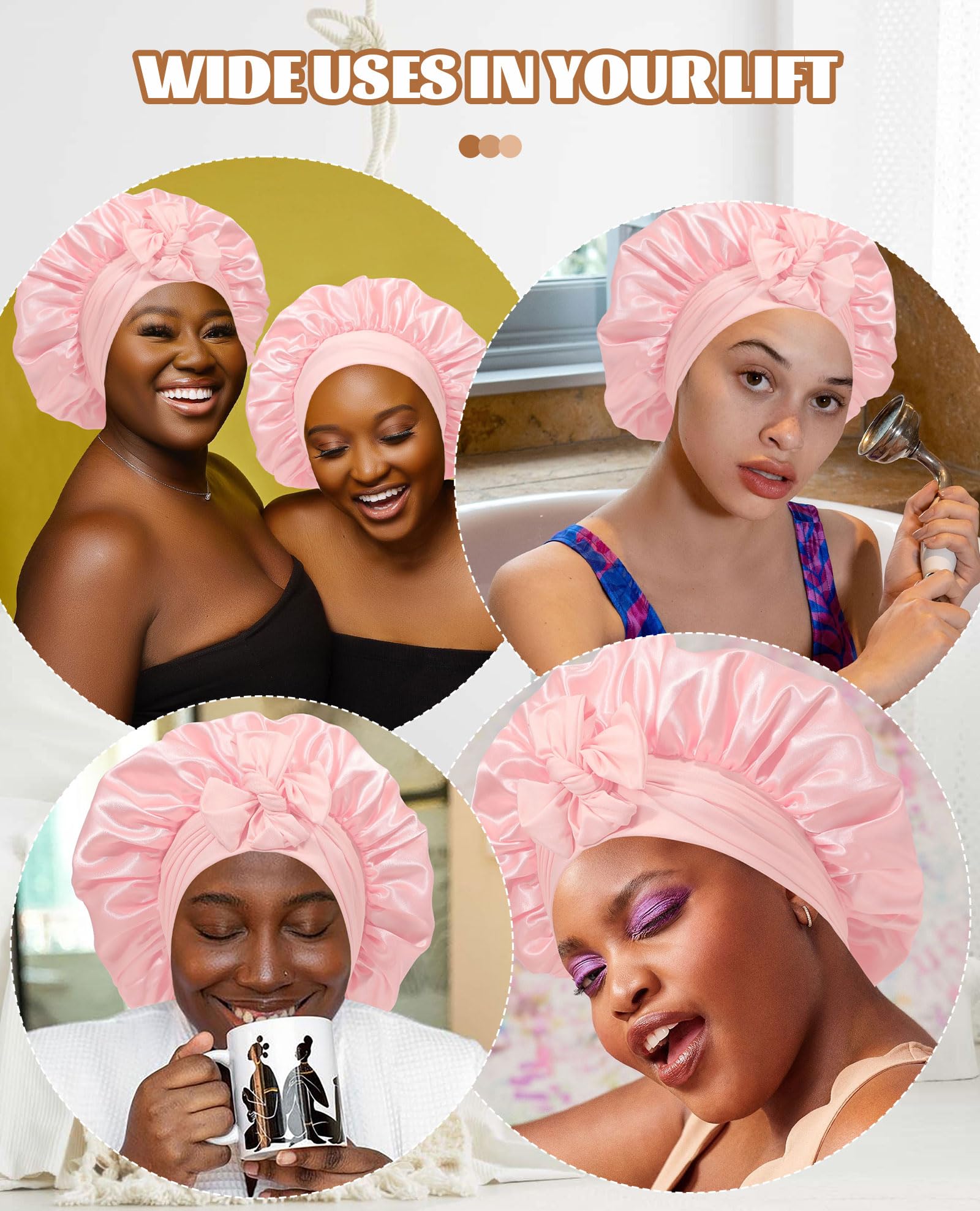 Satin Bonnet Silk Bonnet for Sleeping Silk Sleep Cap Double Layer Hair Bonnet with Elastic Tie Band for Curly Hair Night Cap: Apricot Powder+Champagne