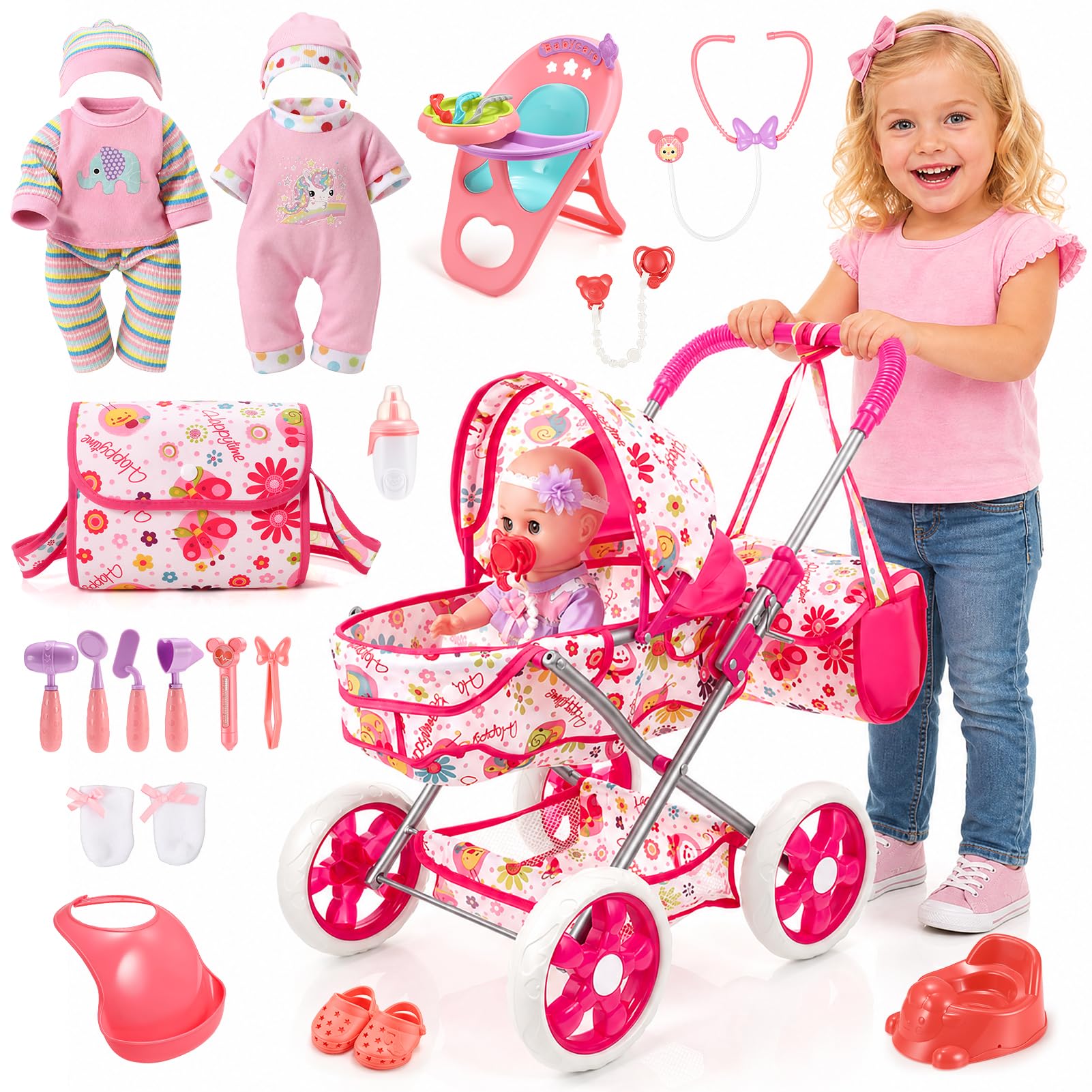 HappyGoLucky Carrito Bebe Juguetes con Muñeca de 28 cm, Ropa y Accesorios para Muñecas Juguetes Niños 2-8 Años Juego de rol Regalo Niña 3-7 Años Cochecito Muñecas Ideal para Cumpleaños y Navidad