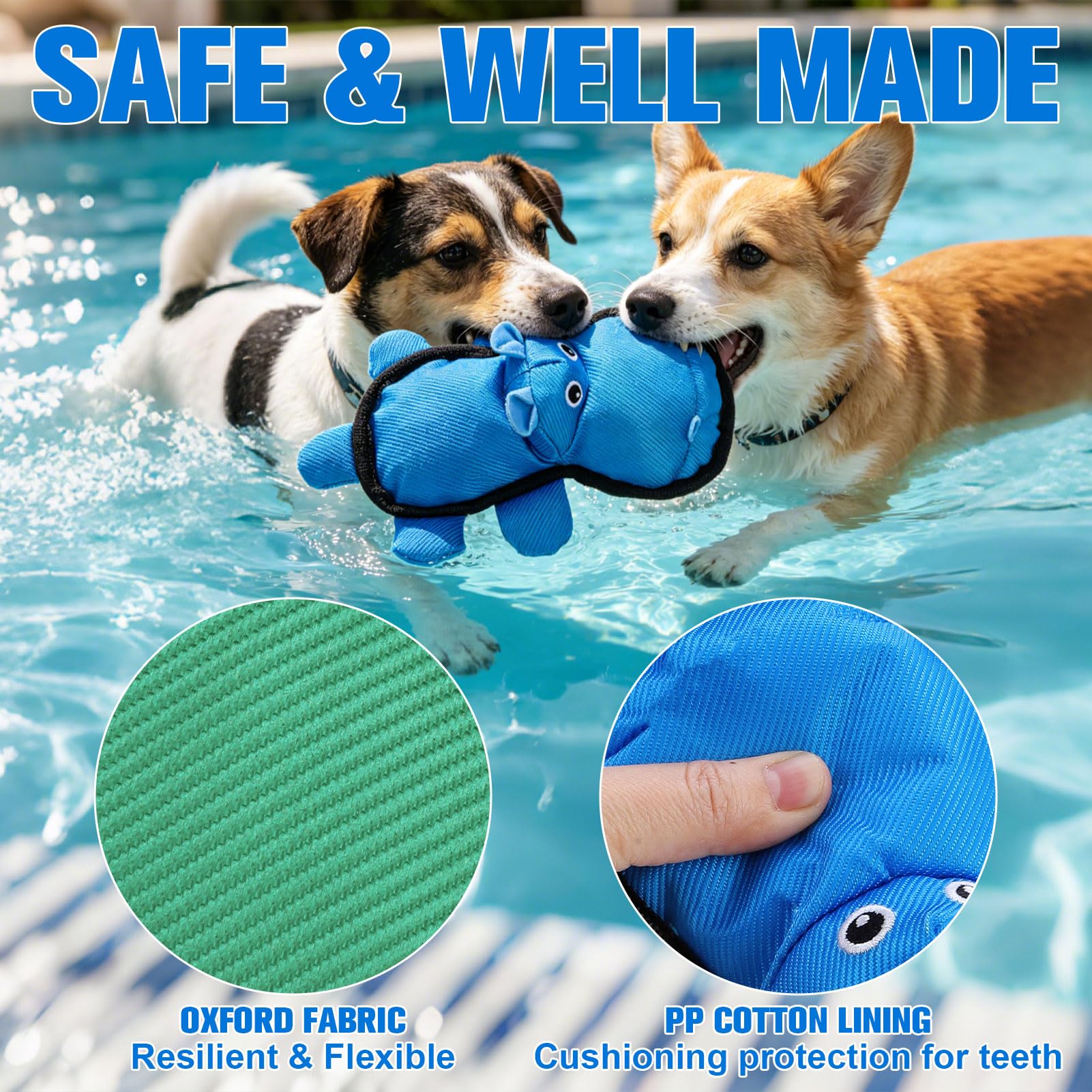 EXPAWLORER Lot de 3 jouets flottants pour chien pour piscine et été, en tissu Oxford doux et durable, jouets à mâcher interactifs avec plis pour chiens de petite, moyenne et grande taille, hippopotame