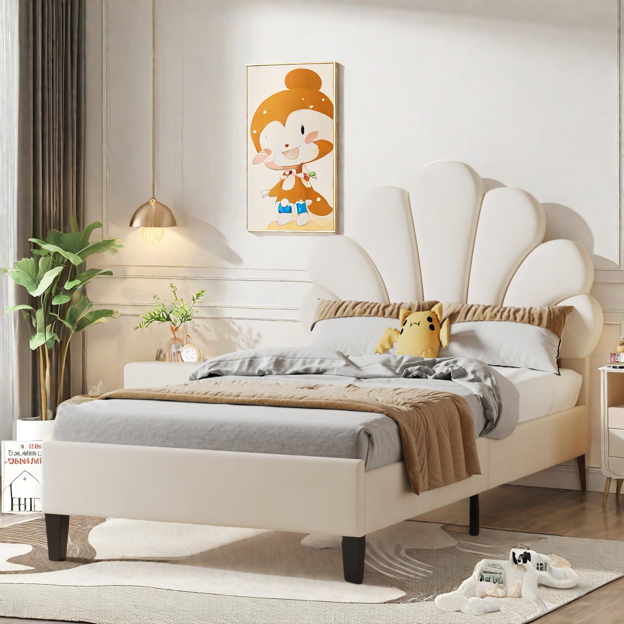 Lit Simple Rembourré 90x200, Lit Enfant Fille avec Tête de Lits Réglable en Hauteur en Forme De Pétale, Sommier à Lattes, Lits 1 Personnes pour Fille Adolescent, Velours, Beige