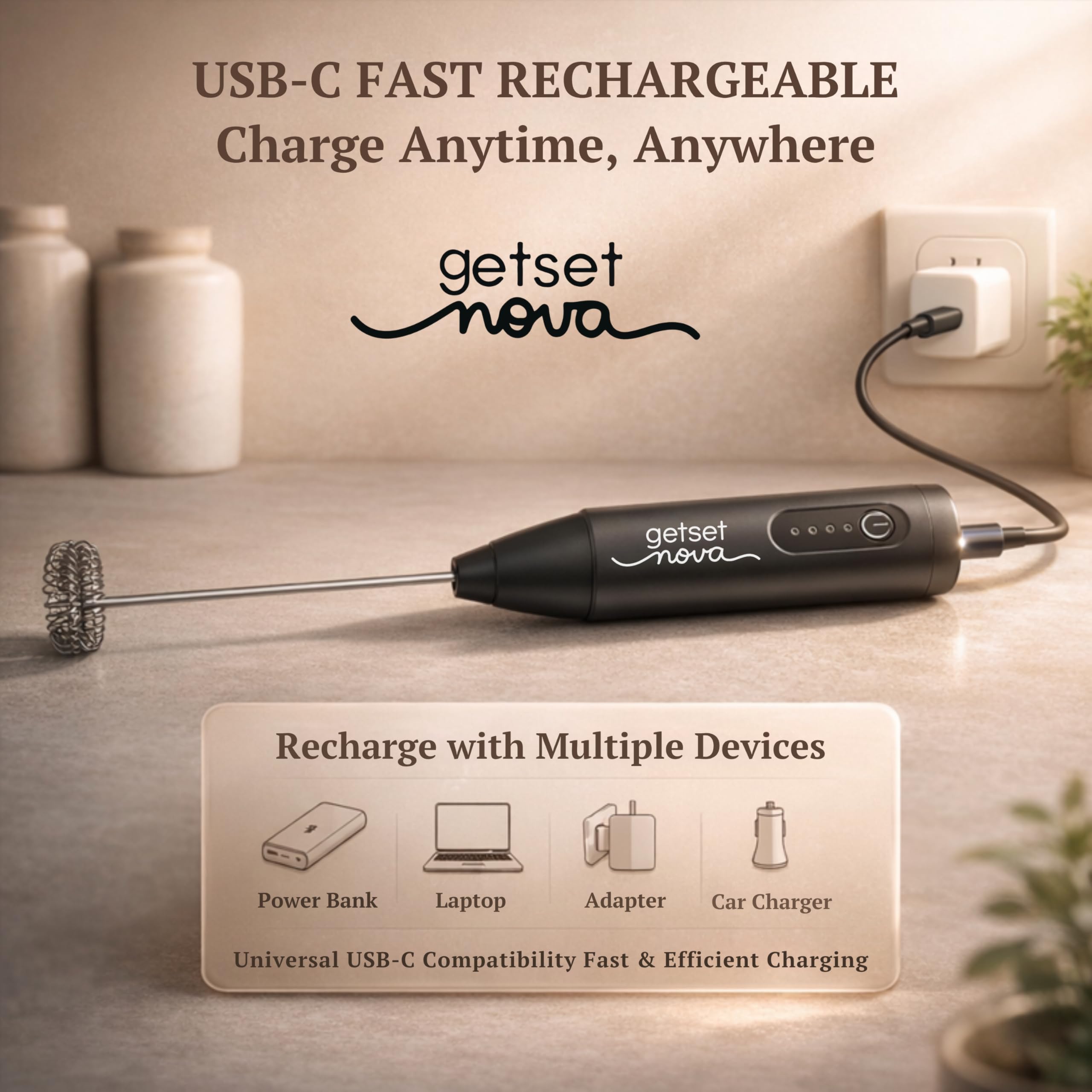 GetSetNova Frother Coffee Frother Electric and Coffee Beater Electric Stainless Steel Whisk USB C Rechargeable Microfoam Maker Coffee Maker Machine for Home with Recipe Book and One Year Warranty 3
