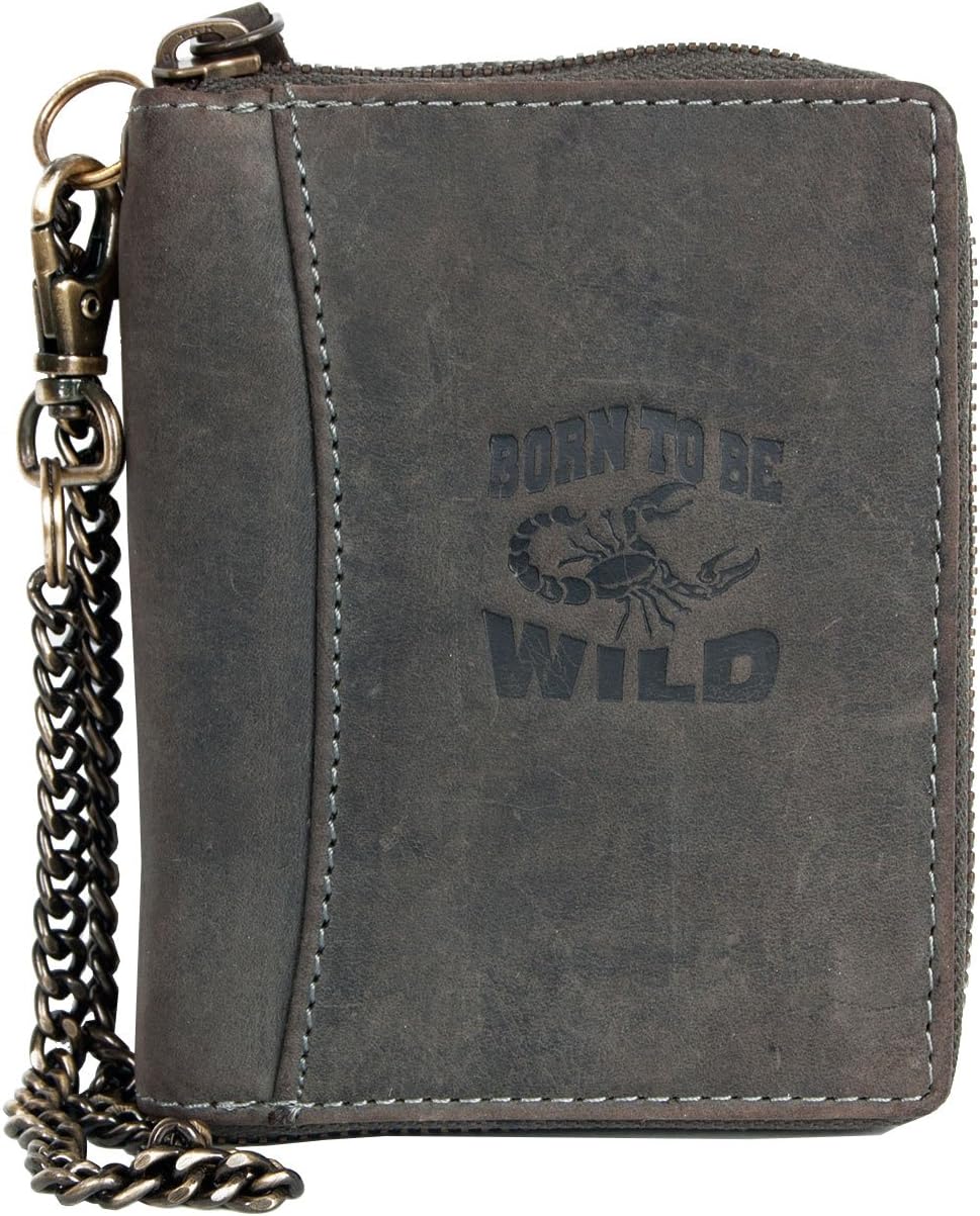 Grey Metal Zip-around (zipper around) Large Genuine Leather Wallet with Scorpion