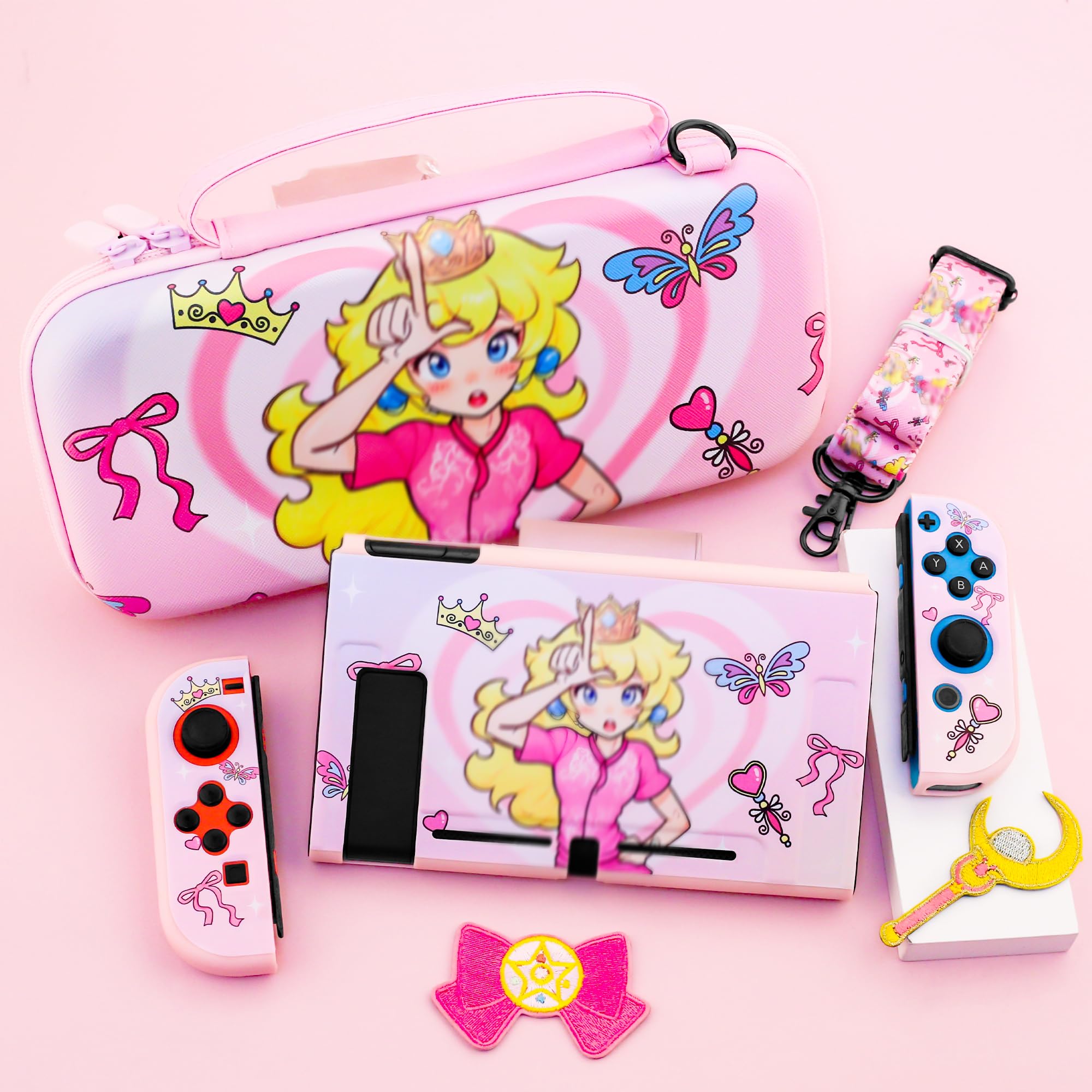 HYPERCASE Carino rosa NS (non OLED/Lite) Switch Case Kit di Principessa, con interruttore portatile Borsa da viaggio, TPU Softshell Switch Cover Skin, Screen Protector, Spallacci & 2 Kawaii Thump Caps