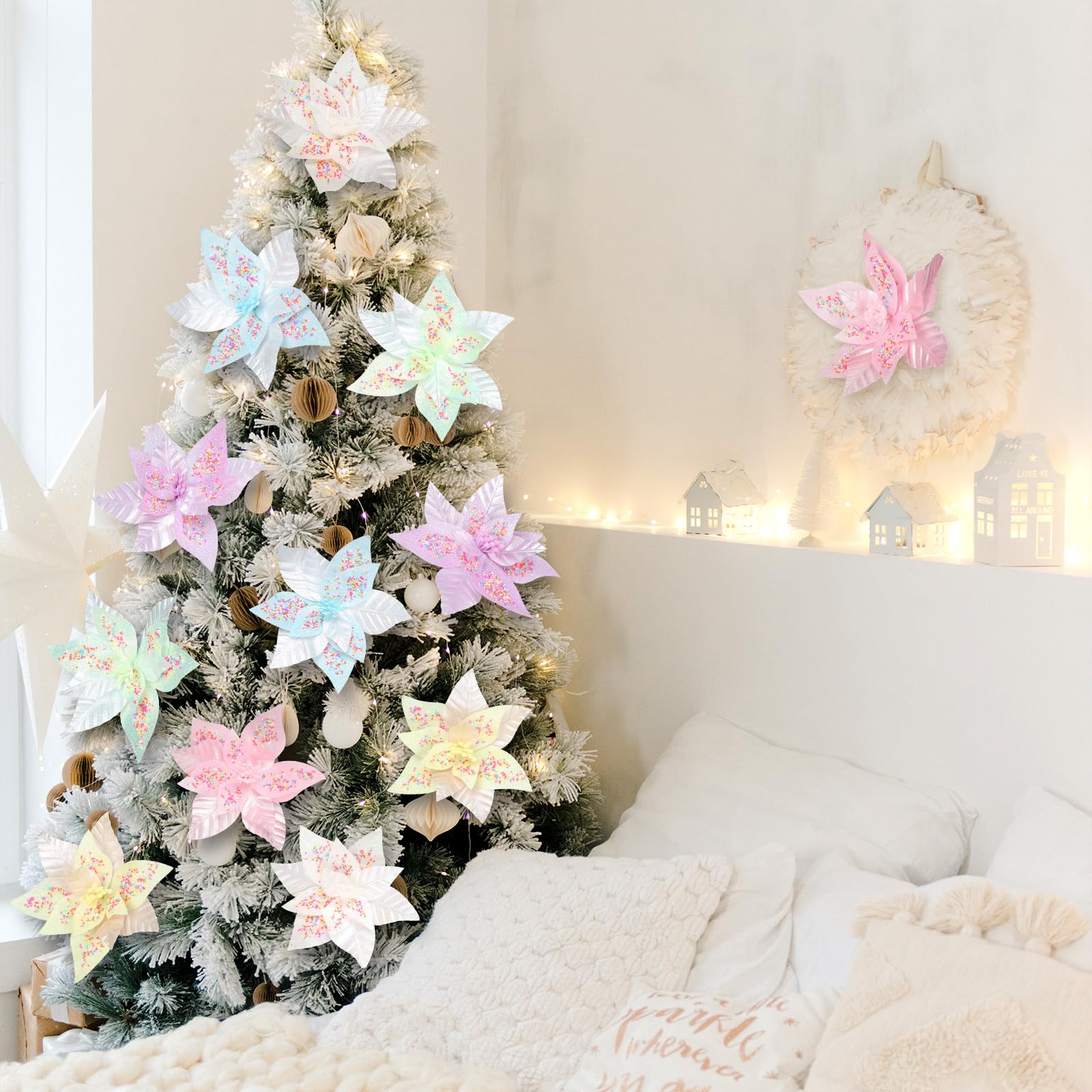 Soulchen Lot de 12 fleurs de poinsettia de Noël artificielles pastel avec tiges de 24 cm pour décoration de sapin de Noël, couronne de Noël, décoration de fête