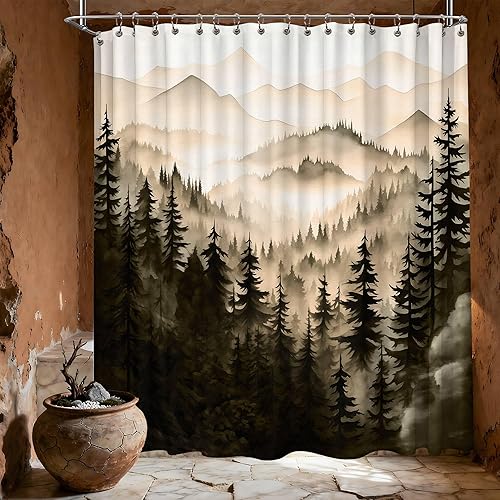 Miniatura 87 de Cortina de ducha azul marino de bosque Cortina de ducha azul oscuro de montaña y naturaleza para decoración de baño de hombres, tela impermeable con