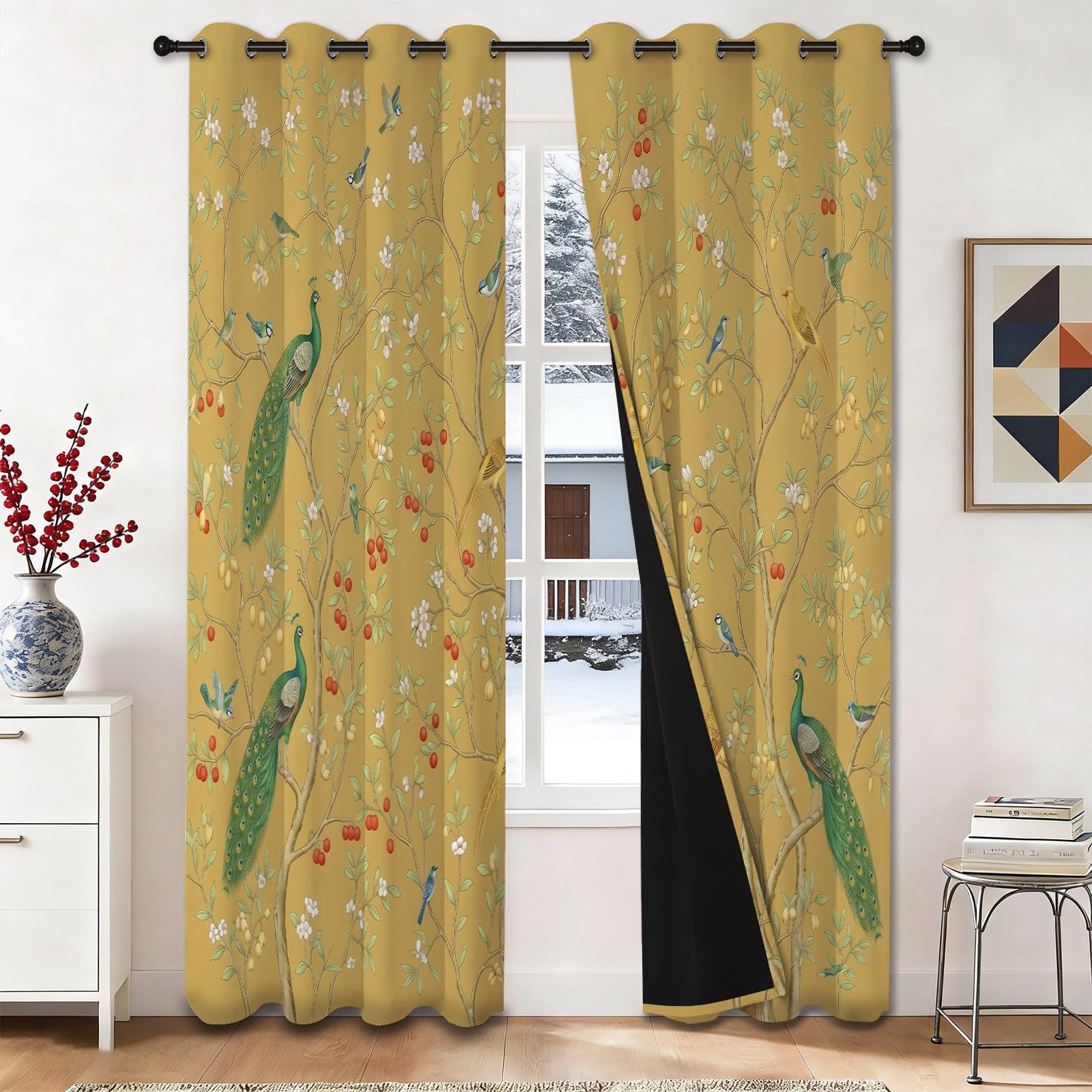 Rideau classique oriental de qualité supérieure en polyester doux à motifs paons dorés