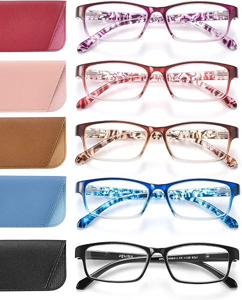 JOLISU 5 Pack Reading Glasses for Women and Men, Lightweight Eyeglasses with Spring Hinge, Blue Light Blocking Readers-2.00