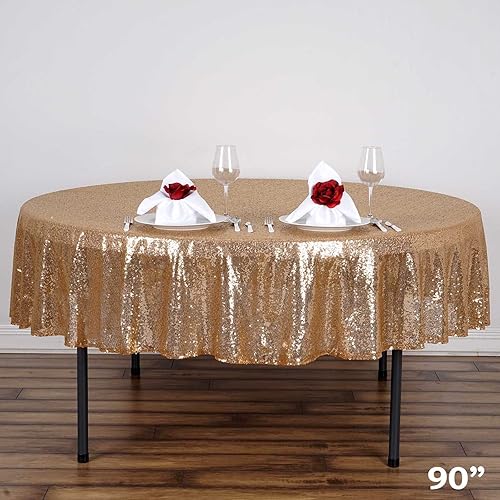 BalsaCircle Mantel redondo de lentejuelas doradas de 90 pulgadas para bodas, fiestas, pasteles, postres, eventos, mantelería