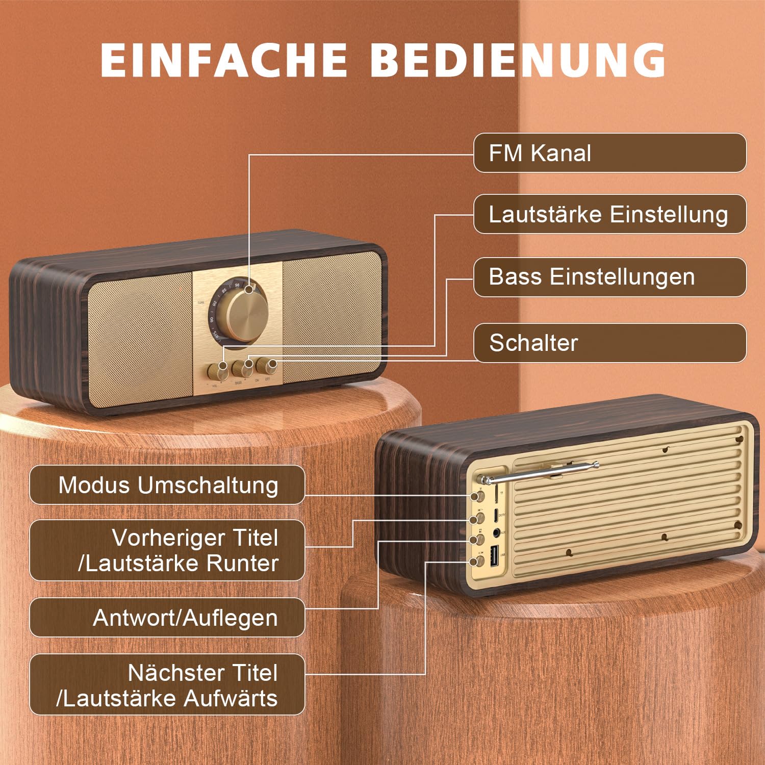 Radio nostalgica, radio retrò con Bluetooth e scheda TF | Alimentazione a batteria da 3000 mAh, con subwoofer da 2 x 8 watt, radio retrò con AUX/USB, radio per cucina/camera da letto