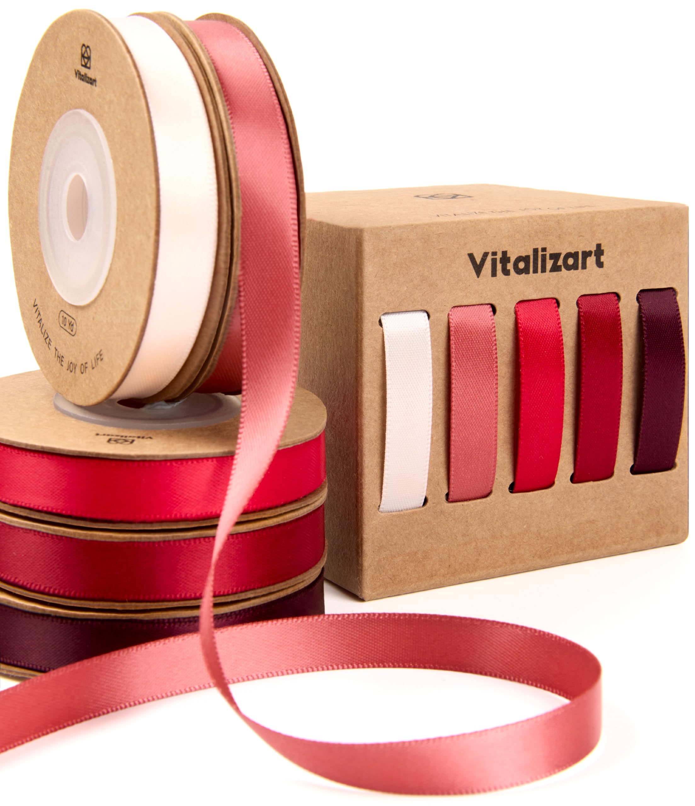 Vitalizart Red Series Satin Ribbon for Crafts 3/8'' x 50Yd (5 Rolls x 10Yd)