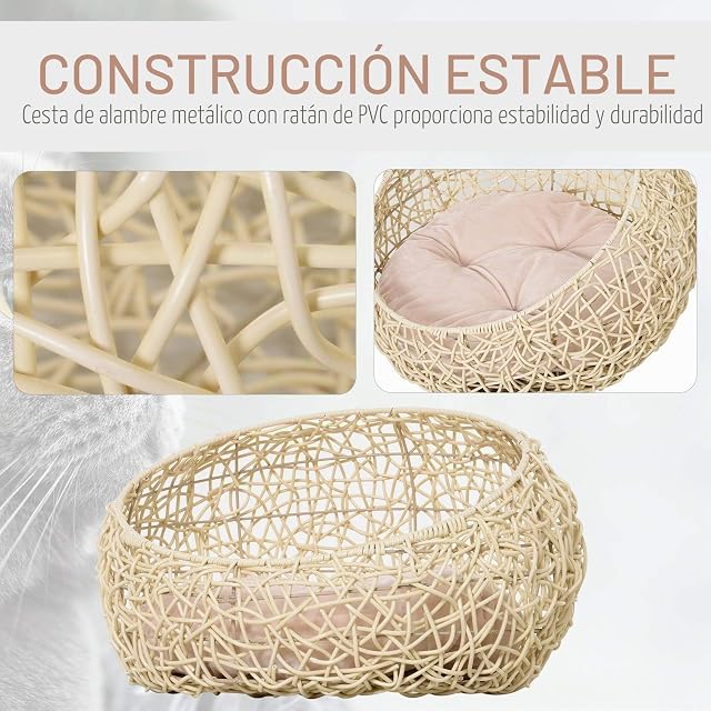 Foto 4 de 8 de PawHut Cueva gato ratán cojín gatos perros Ø56x35cm Beige