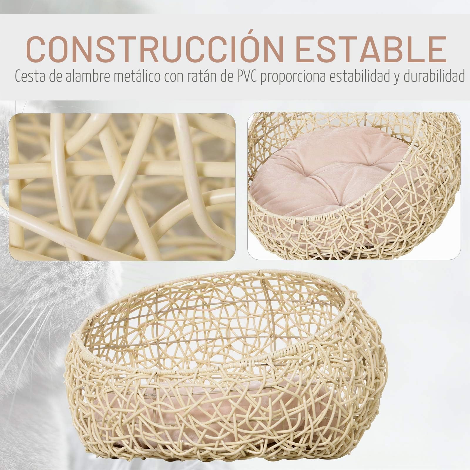 PawHut Cama para Gatos de ratán Cueva para Gatos con cojín Cesta para Gatos Cama para Perros Lugar para Dormir para Gatos Perrera para Mascotas para Gatos Perros Beige Ø56 x 35 cm | Cama para gatos, casa para gatos, tienda de campaña, casa para mascotas