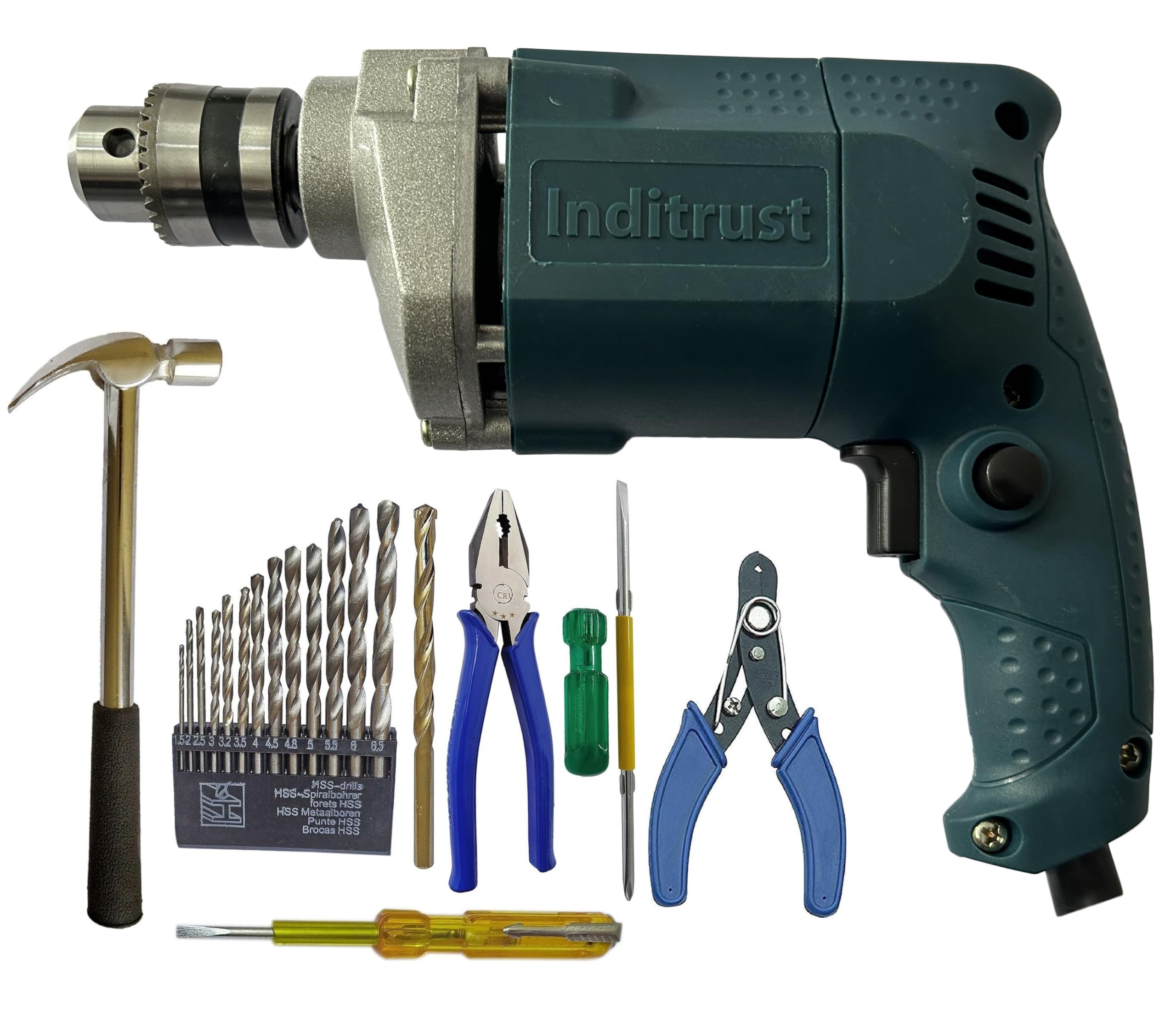 Inditrust 100% Copper Winding 6-Month Warranty 10mm Electric Drill machine with13pc HSS Plier Masonry bit 2in1 Screwdriver Wire Cutter Claw Hammer Electric Tester (Pack of 8) (BLUE) (B0D6RR19TT) Amazon Price History, Amazon Price Tracker