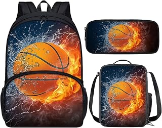 Basketball Backpack With Lunch Box for Boys School Bags 17 Inch Bookbag Primary School Supplies Kids Pencil Pouch Pen Box Lunchbag Packed With Bottle Pocket Stationery Bag Daypack