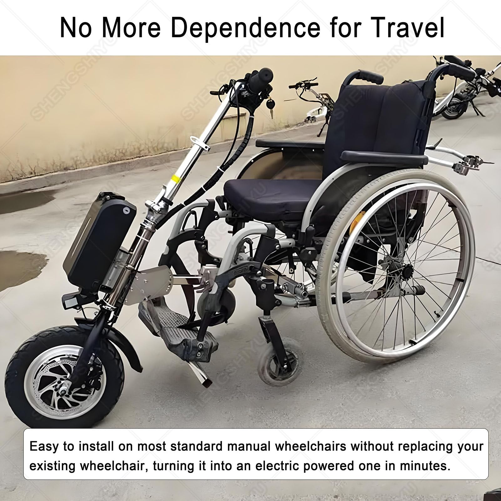 Dispositivo De Tracción para Silla De Ruedas De 500 W,Máquina De Tracción Eléctrica con Luz Delantera,3 Velocidades,Autonomía hasta 65km,Avance/Retroceso con Un Botón B
