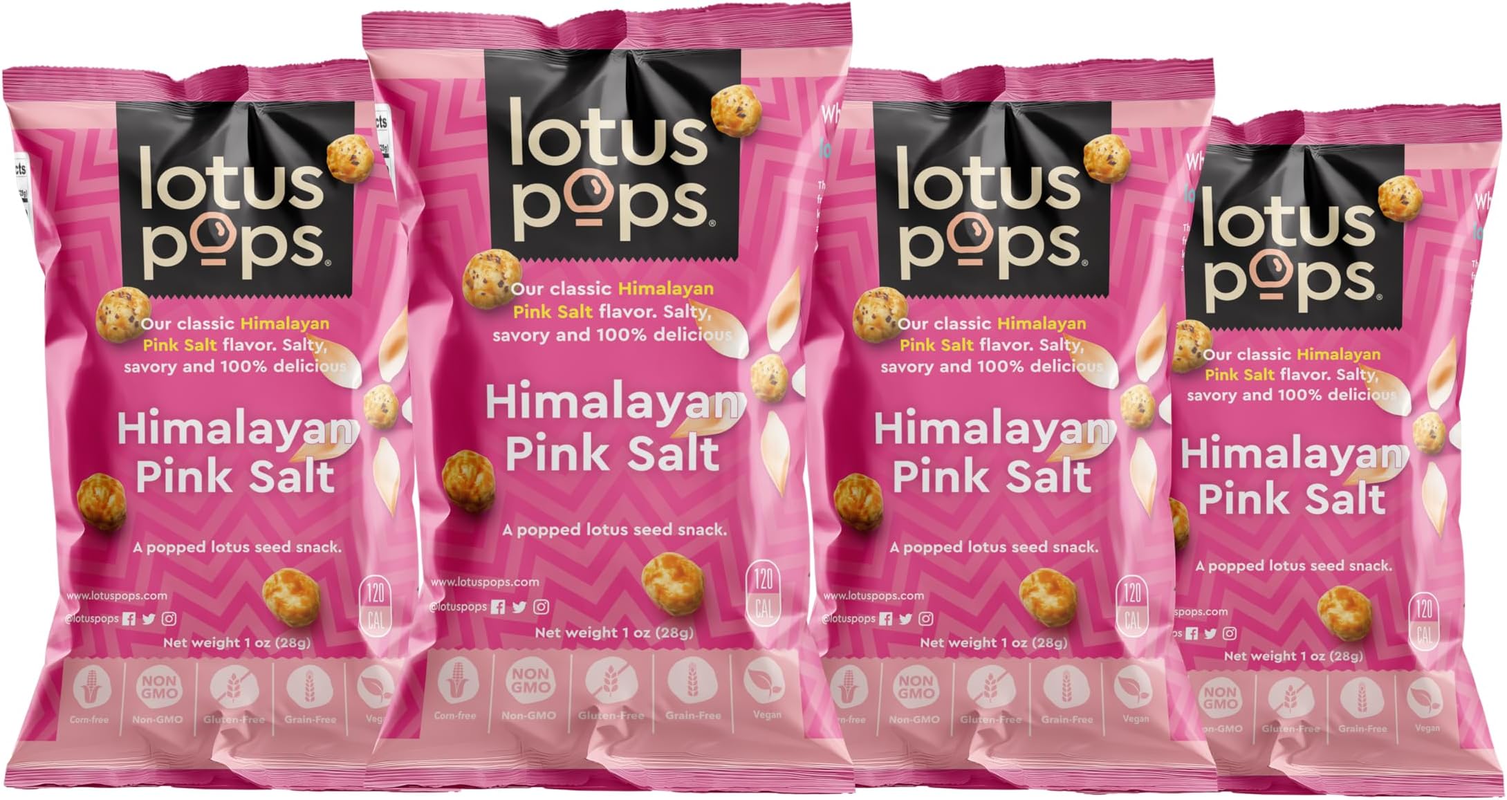 Lotus Pops - Popped Lotus (Water Lily) Seed Snacks | Low Calorie Gluten Free and Vegan Snacks | Plant Protein | Roasted Not-Fried | Paleo | Grain Free | Non GMO Certified | (Himalayan Pink Salt 4 1oz Packs)