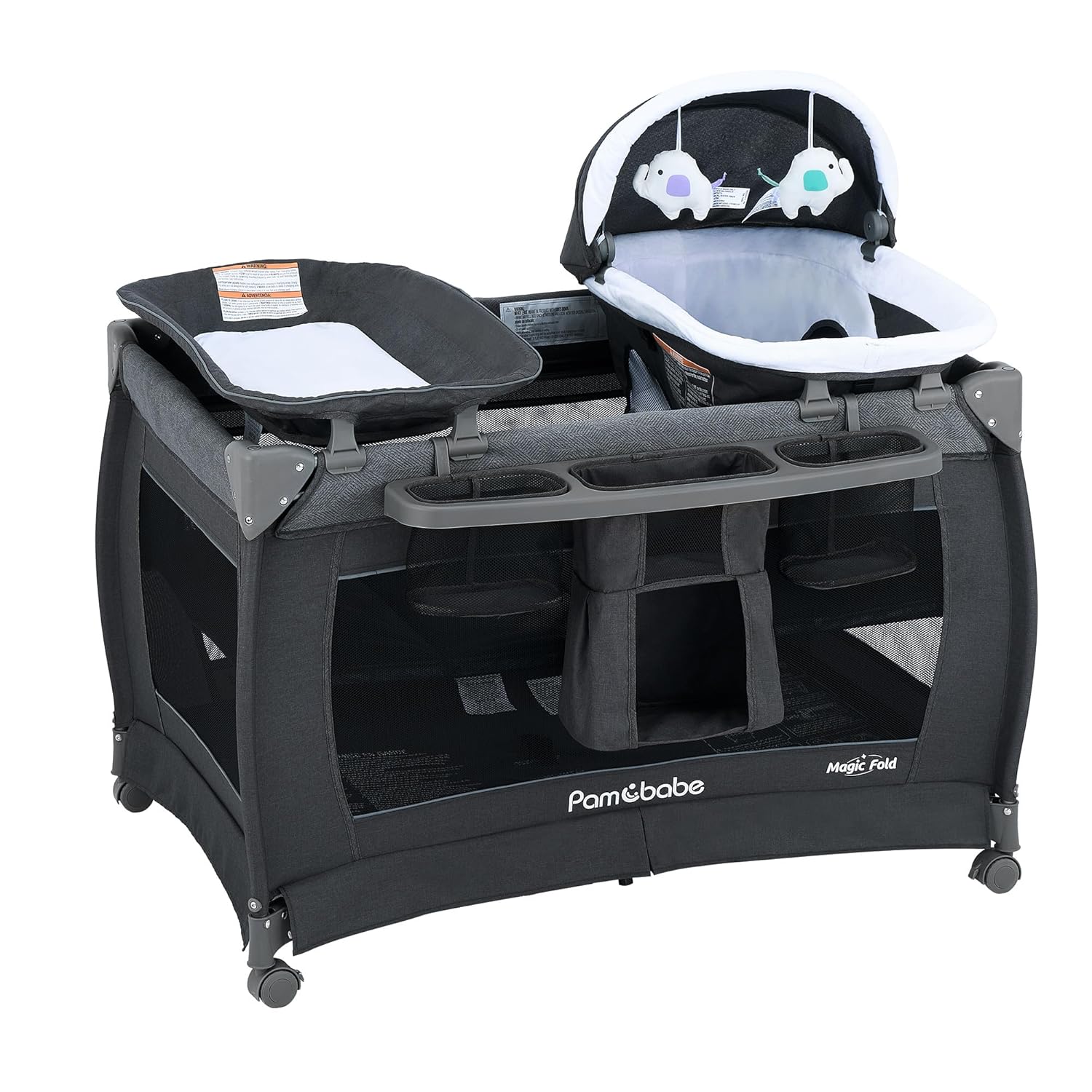 Pamo Babe Magic Fold Playpen Portable Cribs Foldable Playpen Baby Playard One-Hand Folding Playards with Sleep Nest Newborn Bassinet Diaper Changer and Storage Spaces Deepgrey-Magic Fold Magic Fold Playpen