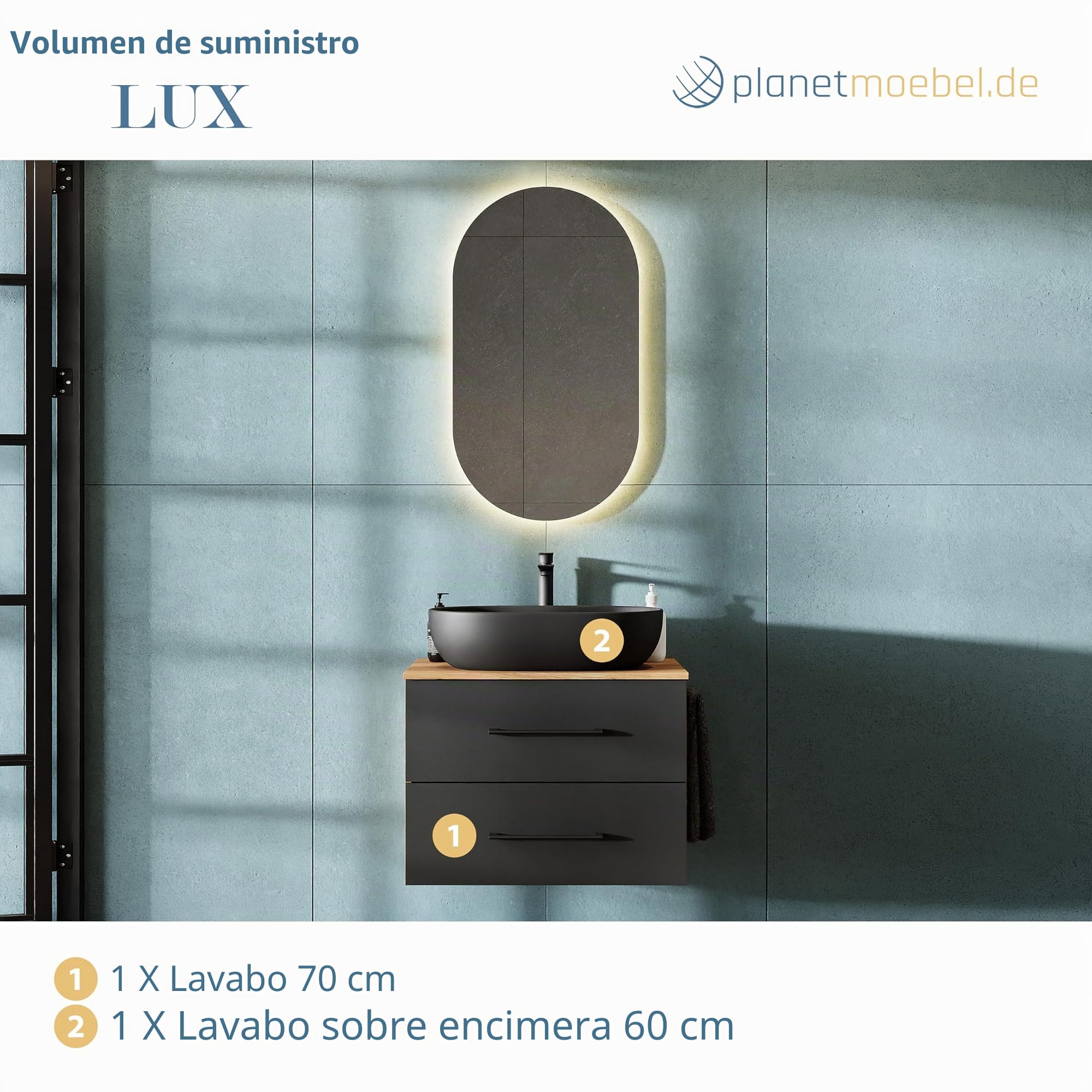 Planetmöbel LUX Juego de muebles de baño con lavabo y mueble bajo suspendido de 70 cm, incluye lavabo sobre encimera de 60 cm, color negro, mueble bajo en roble dorado/antracita