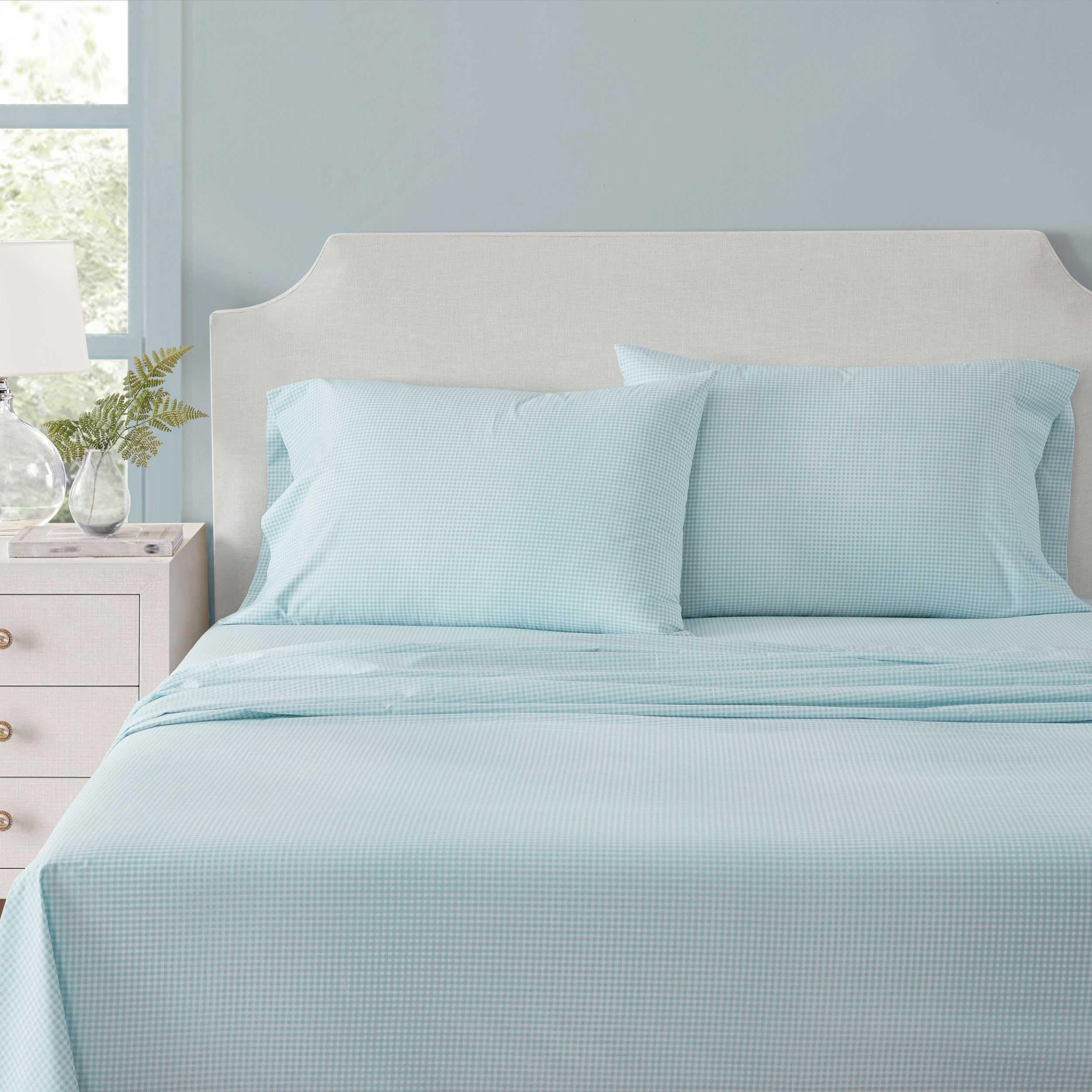 Martha Stewart - King Size Sheets Set, Crisp & Tailored Cooling Sheets w/a Naturally Smooth Cotton Percale Lightweight Feel - Bed Sheets with Matching Pillowcases & Fitted Sheet (Small Gingham Blue)