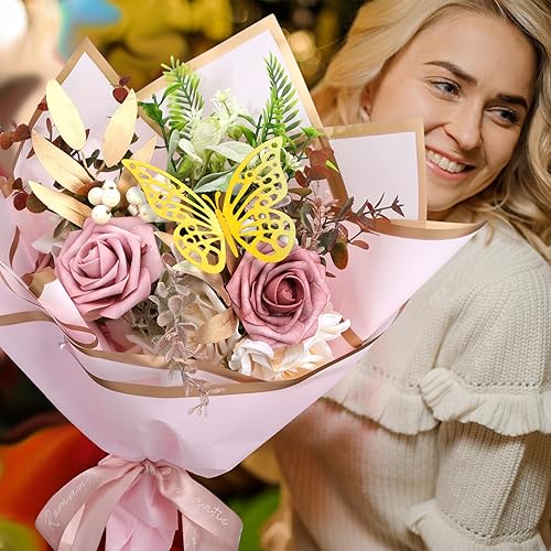 Miniatura 6 de Fulmoon 20 hojas de papel de regalo de flores con 48 piezas de decoraciones de mariposa dorada 3D, 100 pines de ramillete para manualidades,