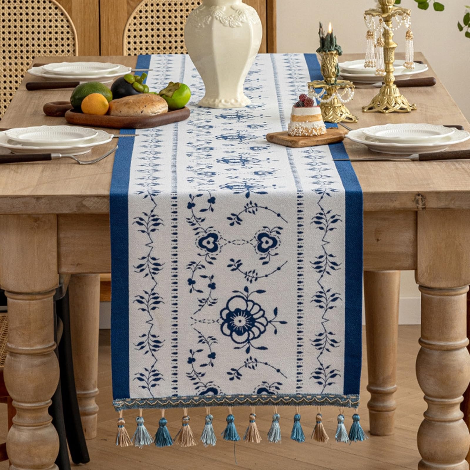 Tischläufer Hochzeit Polyester, Tischläufer Landhausstil 35x240 cm, Leinenoptik mit Blauem Blumenjacquard