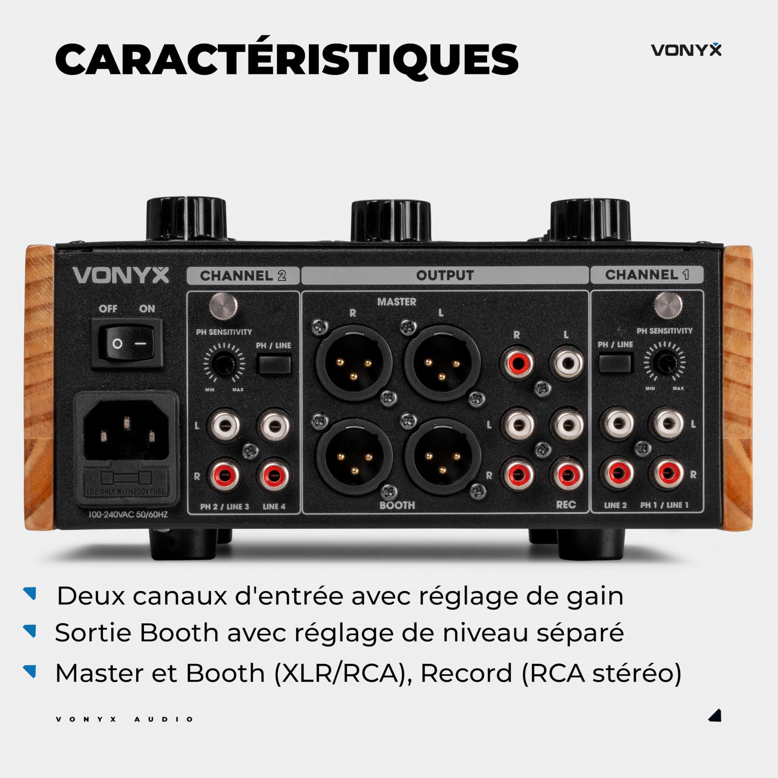 VONYX VDJ250 - Table de Mixage DJ Rotative 2 Canaux avec EQ 2 Bandes, Entrées Phono/Line, Mixer Analogique Compact pour DJ Vinyles & Sources Audio