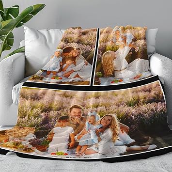 Custom Blanket with Picture, Personalized Throw Blankets with Photos Text, Customized Photo Blanket for Mom Dad Sister Friends for Birthday Anniversary Wedding 4 Size 3 Photo