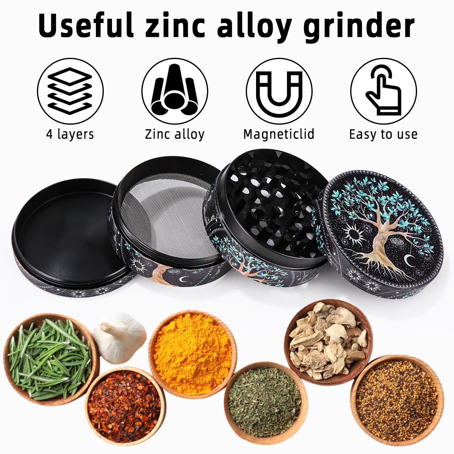 LHOEST Grinder Grand Broyeur, 63 Mm, Moulin à épices Avec Grattoir Et Brosse En Plastique, 4 Couches, Motif Arbre, Broyeur à Pollen En Métal, Lot De 4 Pour épices (arbre Papillon