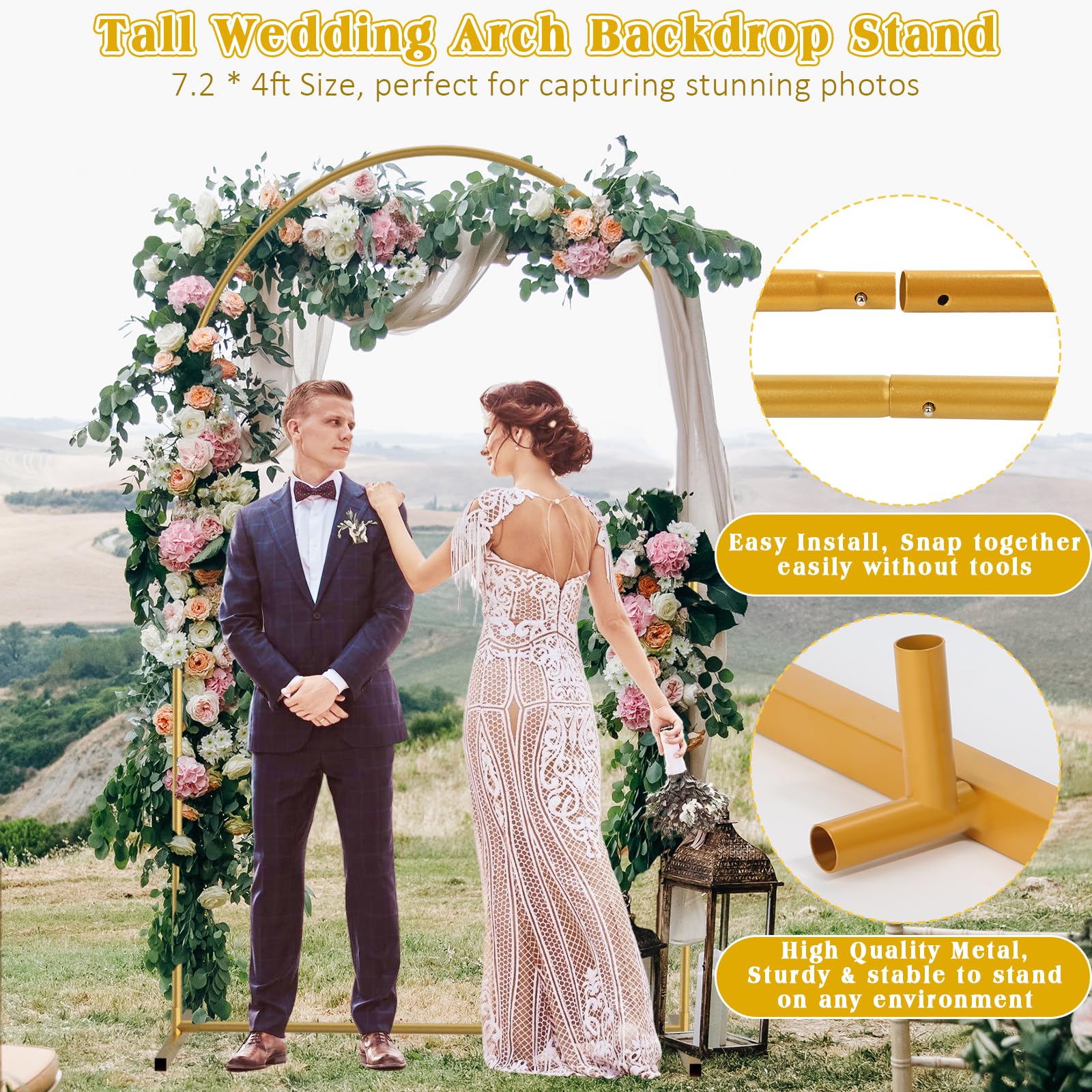 Arch Backdrop Stand and Cover Set| 7.2ft Wedding Metal Arch Stand with Spandex Fitted Backdrop Cover|Gold Balloon Arched Frame White Arch Cover for Birthday Party Baby Shower Graduation Ceremony Decor