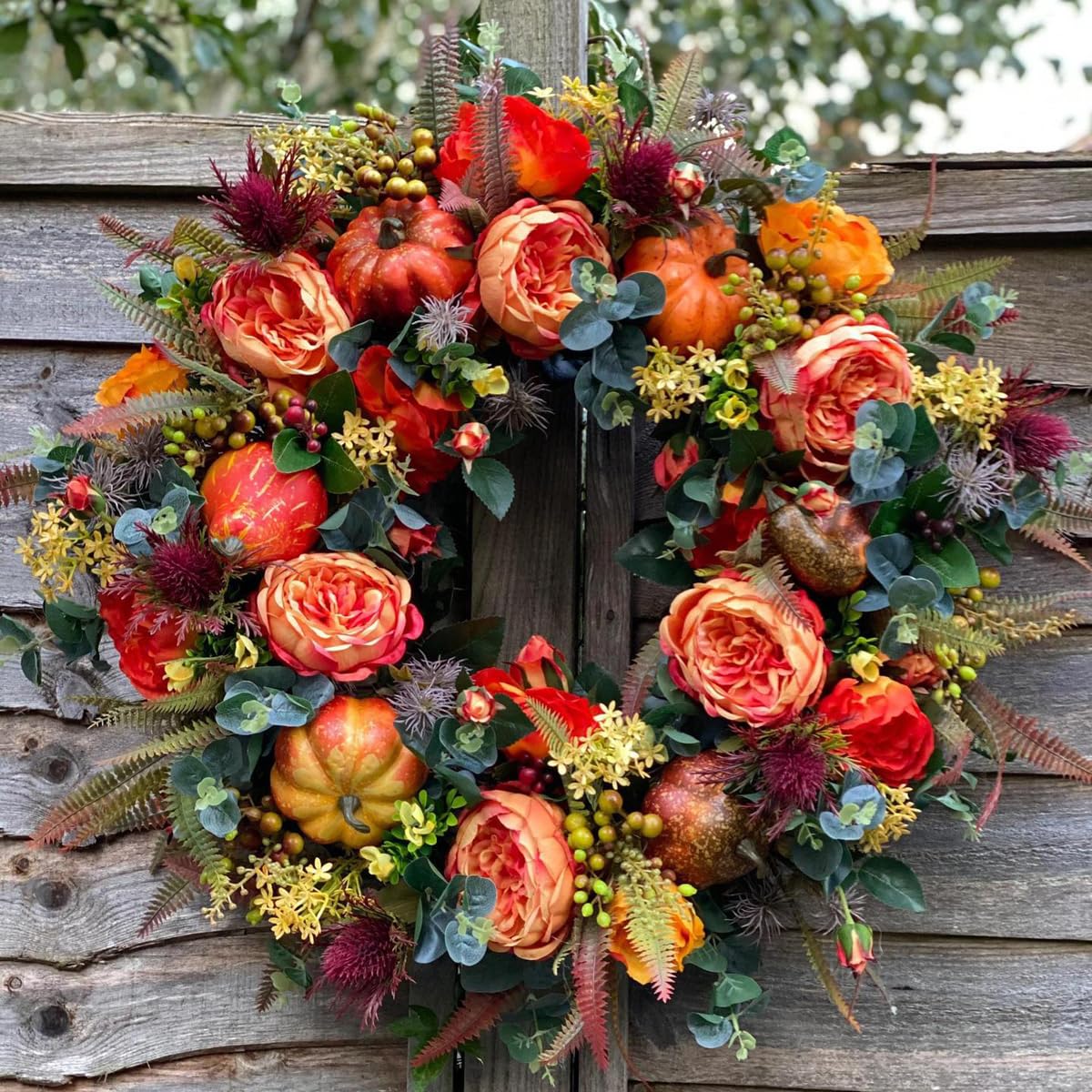 fall peony and pumpkin wreath year round, farmhouse front door decor with maple leaves and berries, all-season indoor outdoor home wreath