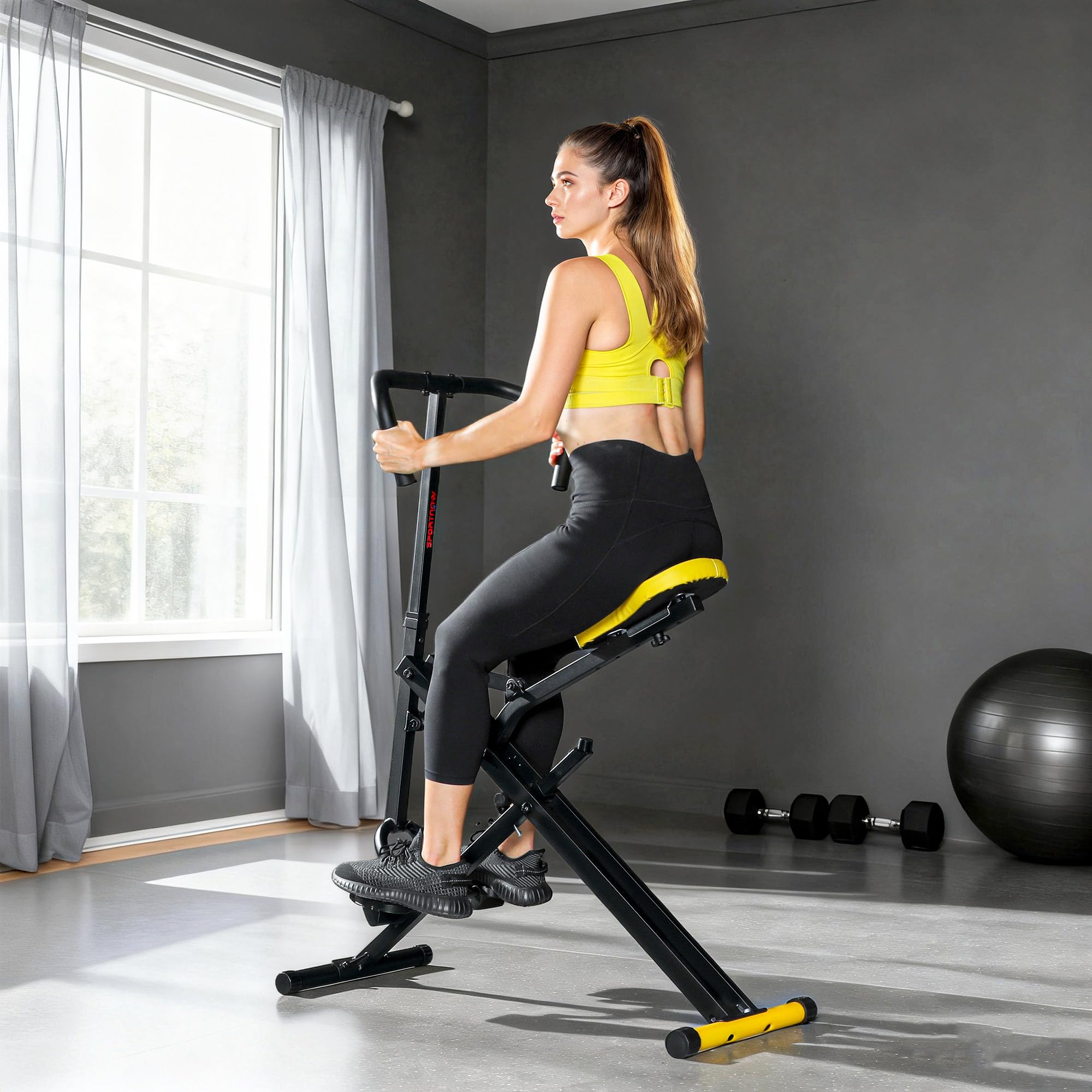 SPORTNOW Macchina Total Crunch Pieghevole con Seduta Regolabile, Macchina Total Power Body Crunch, Allenamento Fitness per Addominali, Corpo, Gambe, Braccia, Glutei, per Casa e Palestra, Giallo