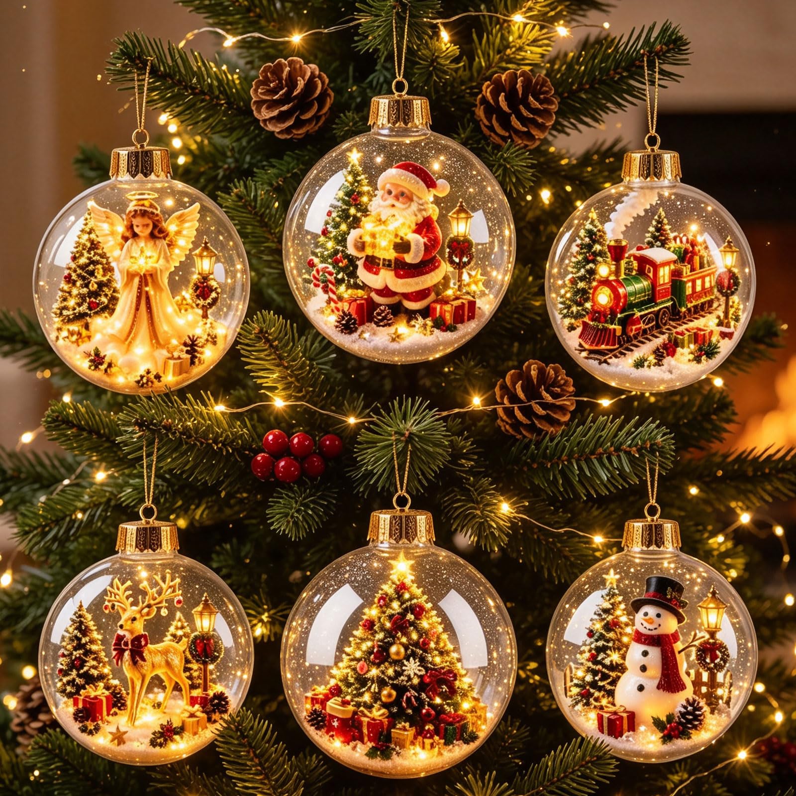 6pcs Glowing Christmas Story Ornament, Light-up Mini Holiday Scene